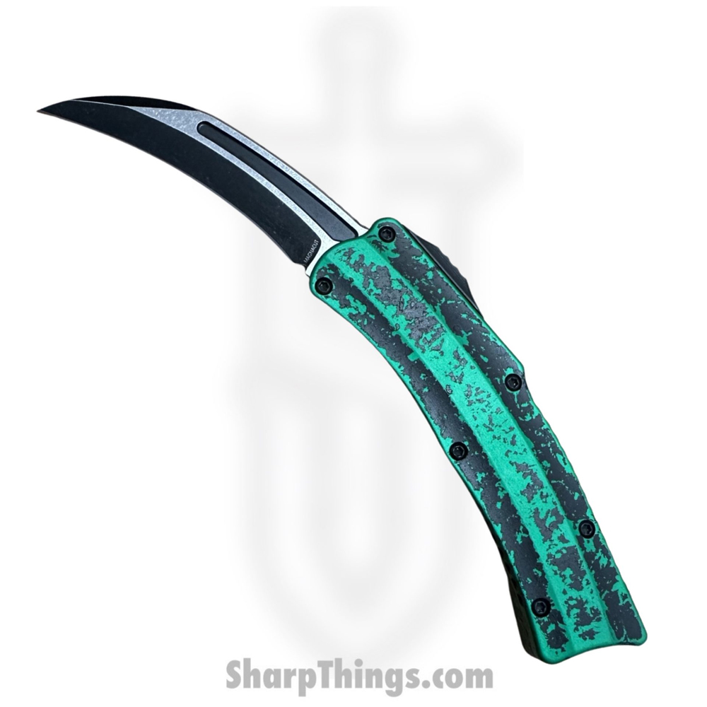 4b887806-41cd-4894-a2f9-848068dfa1b5_H060-14A-BRKTGR_1.jpg Heretic Knives - H060-14A-BRKTGR - ROC - OTF Auto - Magnacut Two Tone Karambit - 6061-T6 Aluminum - Breakthrough Toxic Green - Image 1