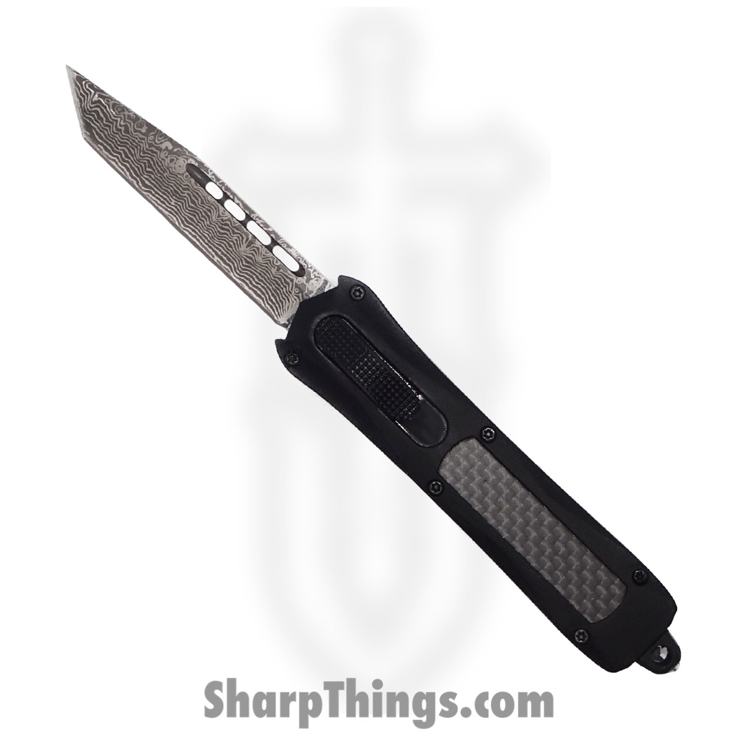 4c0aaa65-1759-444e-a9e7-f66d881621fb_sba163tddbk_1.jpg Steel River Knives - sba163tddbk - Mini Sidewinder OTF Auto - 440c Damascus Tanto - Aluminum - Black - Image 1