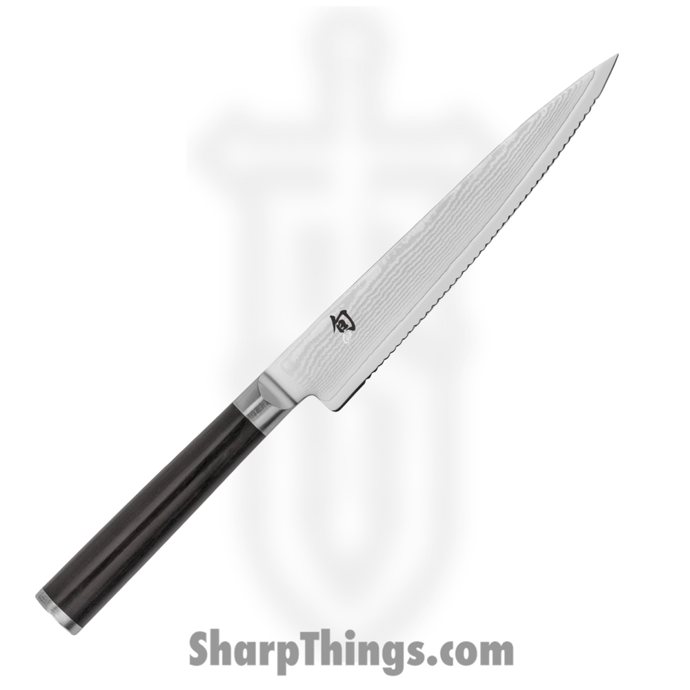 4c49051a-c0f4-473b-b31f-95f4d5ecf472_DM0722_1.jpg Shun - DM0722 - Classic 6" Serrated Utility Knife - VG-Max Satin Spear Point - Pakkawood - Black - Image 1