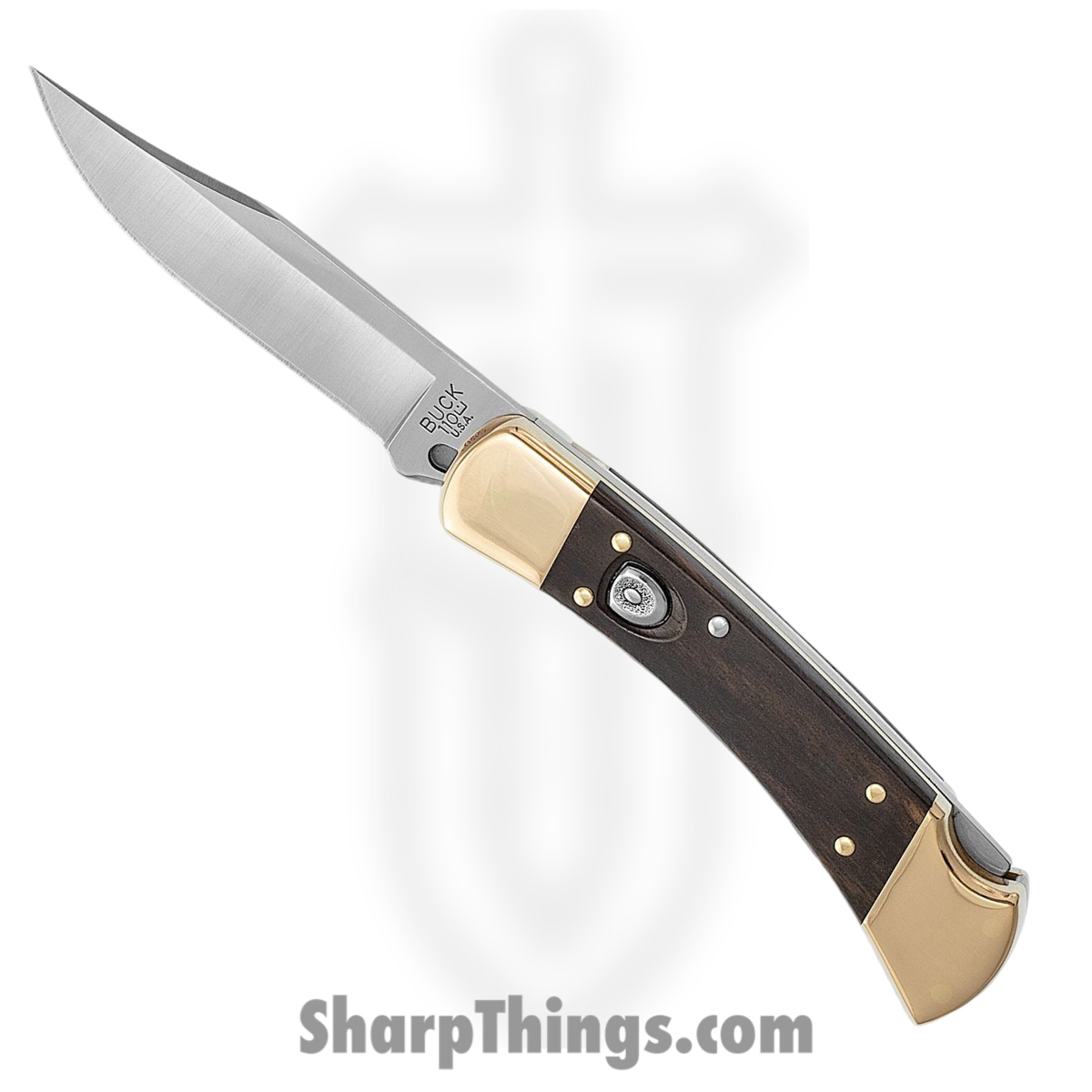 4d0155f7-9152-47bd-a0f2-b521b08e9cdf_BU110BRSA-B_1.jpg Buck - BU110BRSA-B - 110 Auto - Automatic Knife - 420HC Satin Clip Point - Ebony Wood with Brass - Black/Brass - Image 1