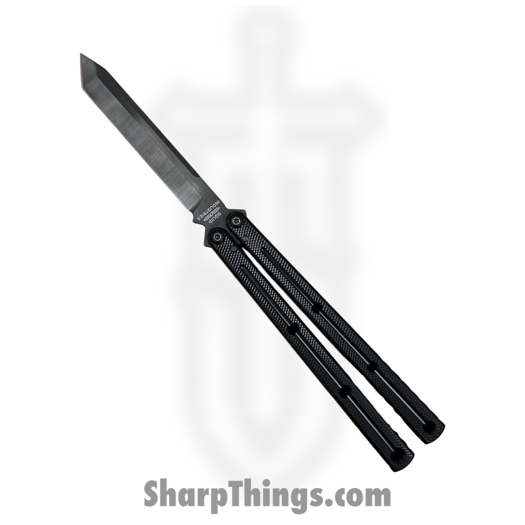4edc9c7d-a795-488e-a4e9-5940a0bd7711_KR3-T-INK-BK_1.png Squid Industries - KR3-T-INK-BK - Krake Raken - Balisong - AEB-L Coated Tanto - 7075 Aluminum - Black - Image 1