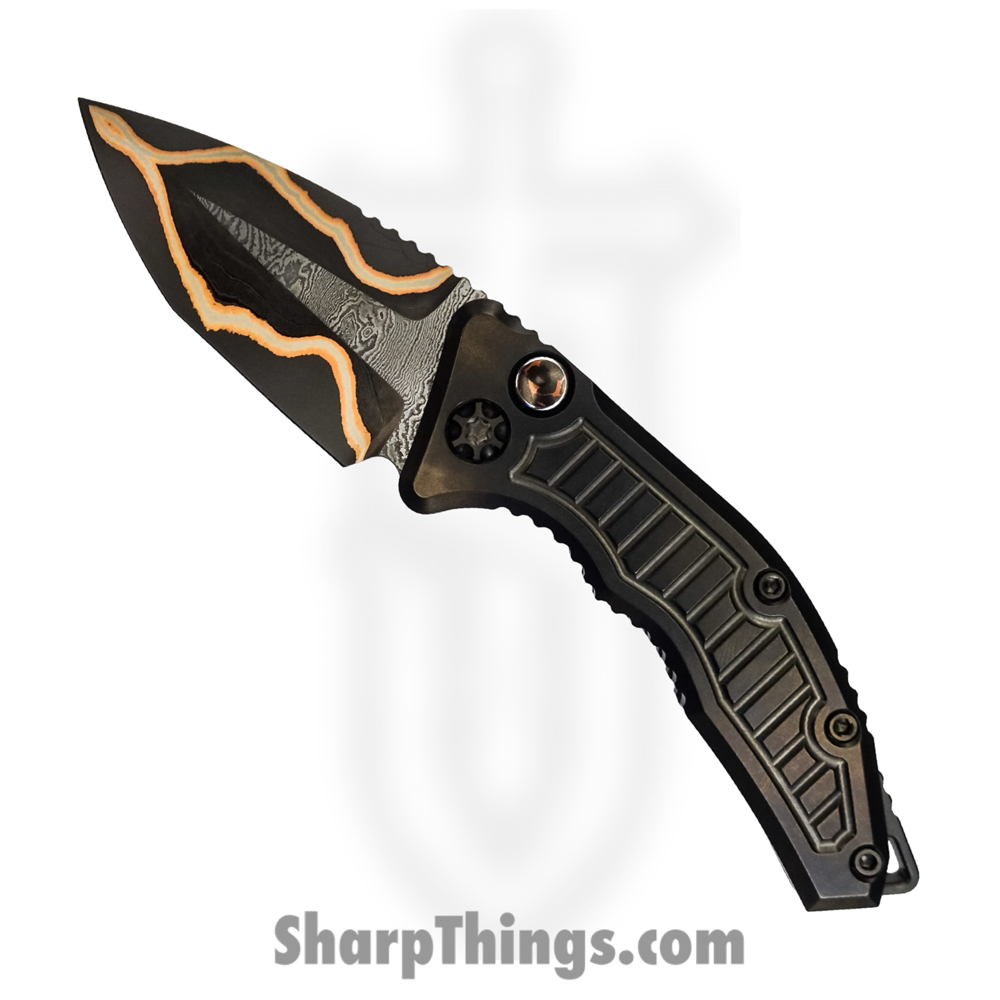 4f89edd6-b35c-41b2-b8d3-3a503f161bef_CusMed2_1.jpg Heretic Knives - CusMed2 - Custom Medusa - Automatic Knife - HG Baker Forge Damascus Damascus Tanto - Titanium/Frag - Black - Image 1
