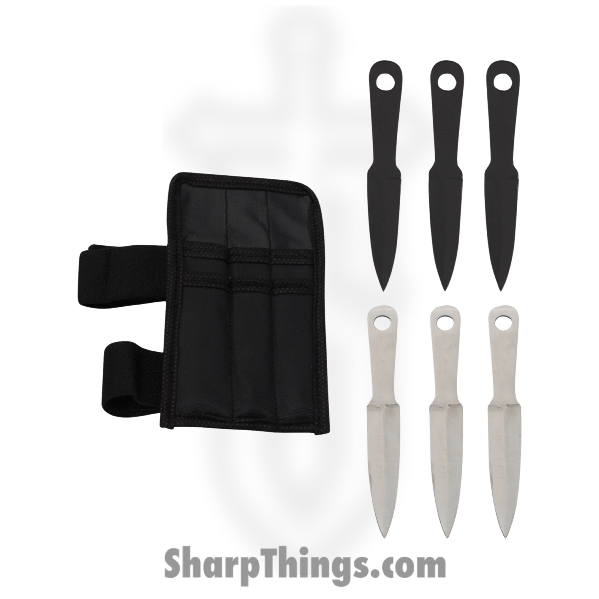 4fb0c28d-22fd-406f-bb83-bfac59d66a53_TK-185-6-BS_1.jpeg Tiger Throwers - TK-185-6-BS - 6 Piece 4.5 inch Mini Throwing Knives w/ Wrist Carrying Case - Fixed Blade Knife - Stainless Steel Black Stainless Dagger - Stainless - Black - Image 1