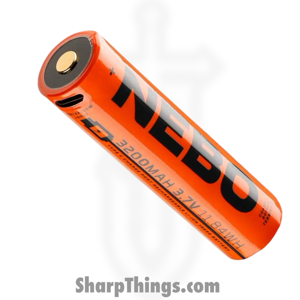 51f4617b-ab55-40b6-949b-896c78302950_NEB-BAT-0005_1.jpg Nebo - NEB-BAT-0005 - RC BATTERY 18650 3200mAh - USB C Rechargeable - Orange - Image 1