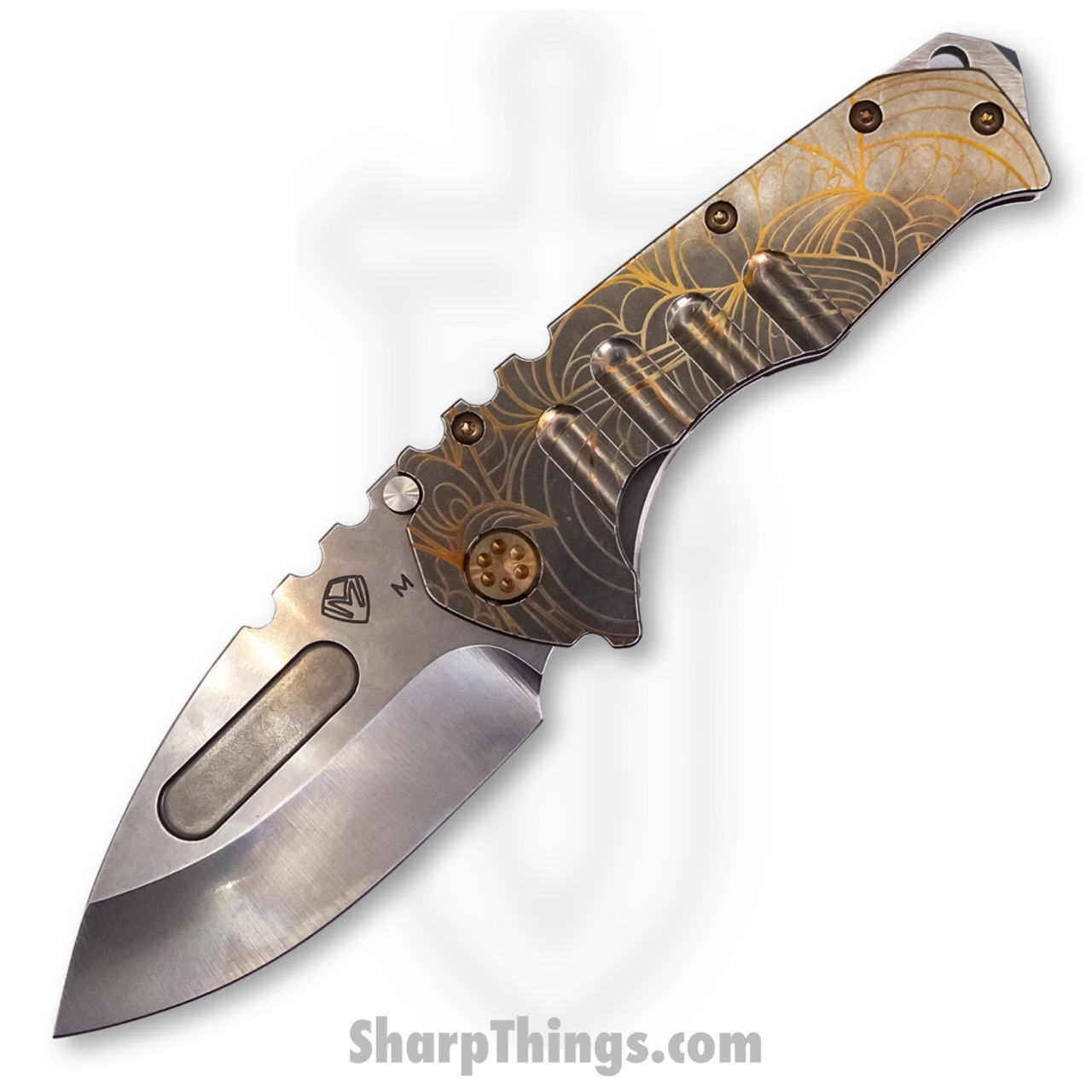 527feb5c-6f4e-4df6-815e-6d6d6520223d_MK012MTD-01TM-T1C1-BN_1.jpg Medford Knife - MK012MTD-01TM-T1C1-BN - Praetorian "T" Drop Point Folder - Magnacut Tumbled - "Bronze Art Nouveau" - Image 1
