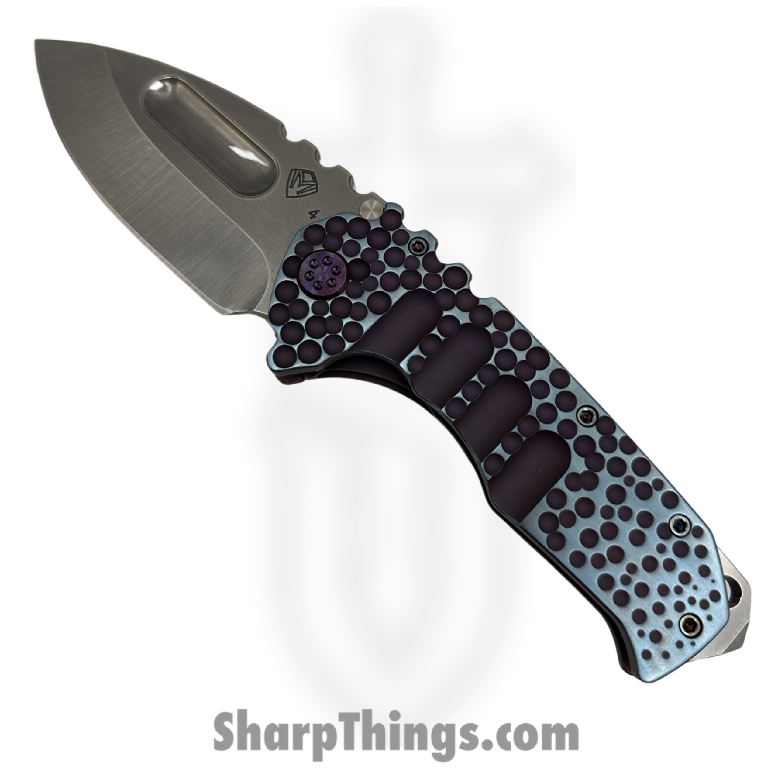 5346917c-8b4a-46bb-8dc4-191572d5616b_030824G_1-scaled-1.png Medford Knife and Tool - 030824G - Prae Ti - Folding Knife - S45VN Tumbled Drop Point - Titanium "Moon Craters" - Violet Blue - Image 1