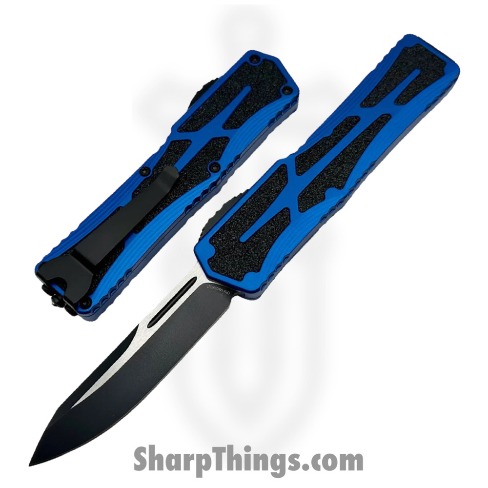 53bfb86b-871e-4549-b31d-0e826f69a259_H039-10A-BLU_1.jpg Heretic Knives - H039-10A-BLU - Colossus - OTF Auto - Magnacut Two Tone Clip Point - Aluminum/Traction Inlay - Blue/Black - Image 1