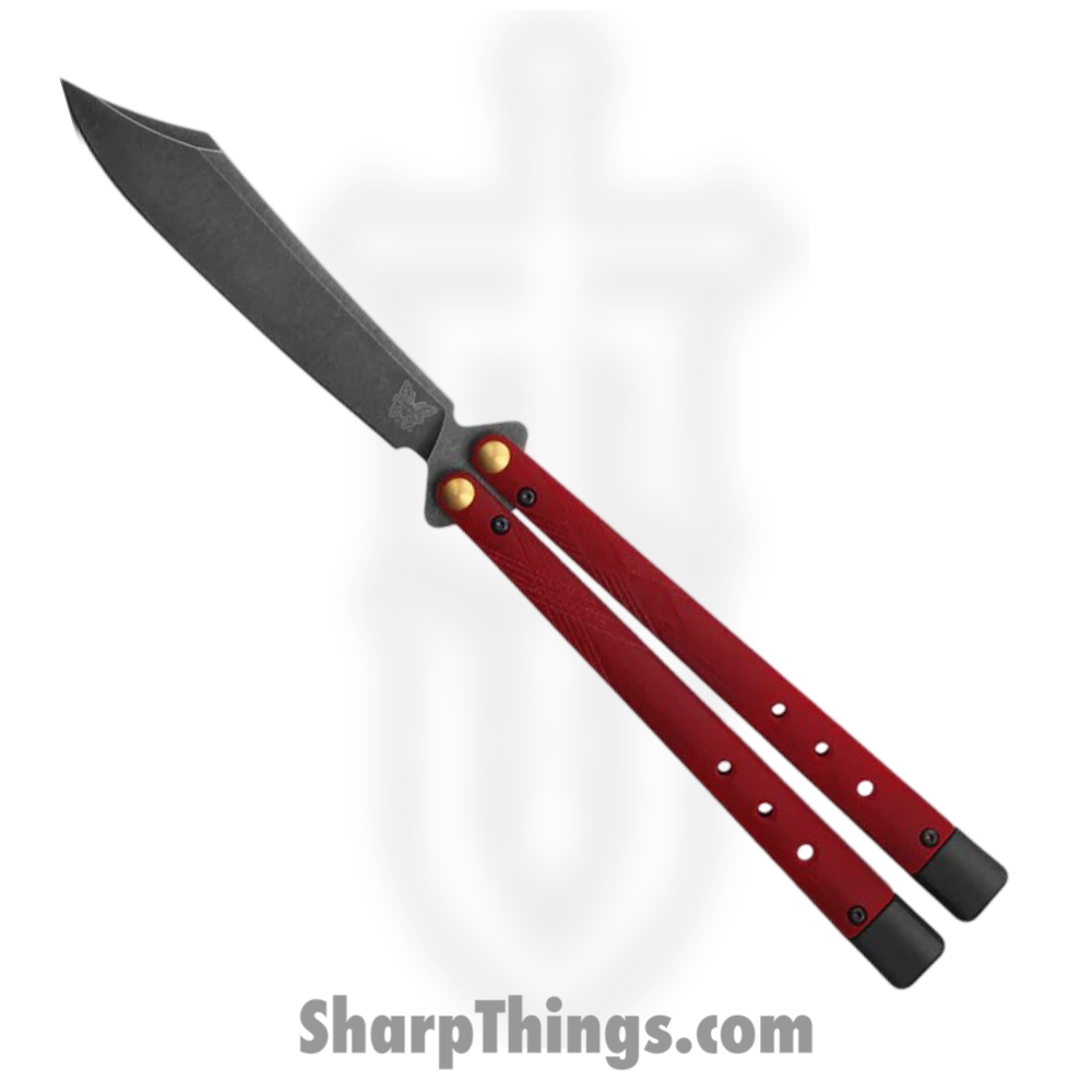 54c6e36a-ddb4-4ff2-a6d1-57eeb45ece10_99BK-1_1.jpg Benchmade - 99BK-1 - Necron - Balisong - CPM S30V Stonewash Scimitar - G10 - Ruby Red - Image 1