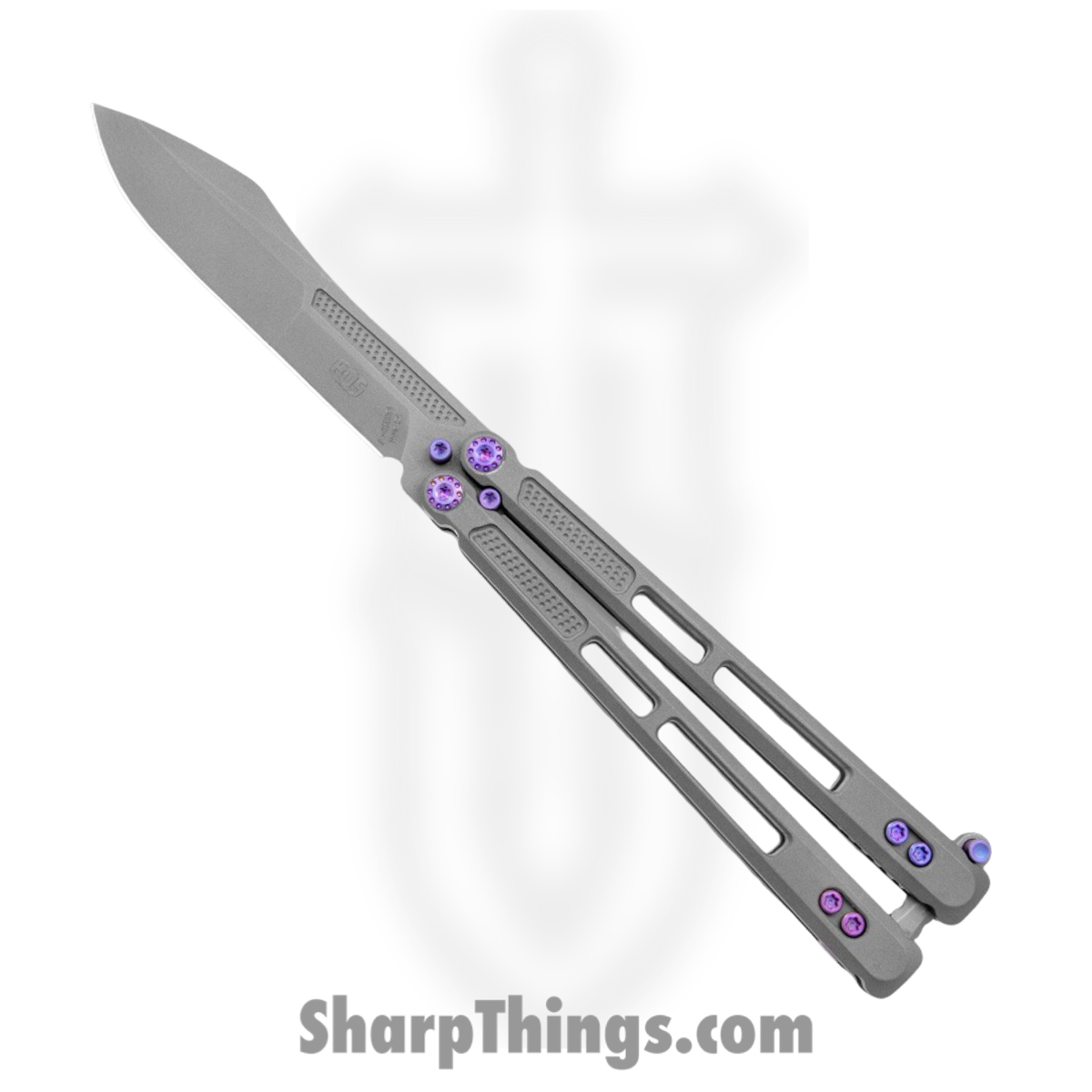558554c9-cf94-4cb2-88c5-f8a13f36c370_EOS101_1.jpg EOS - EOS101 - Trident - Balisong - CPM S30V Stonewash Modified Drop Point - Titanium - Gray Purple - Image 1