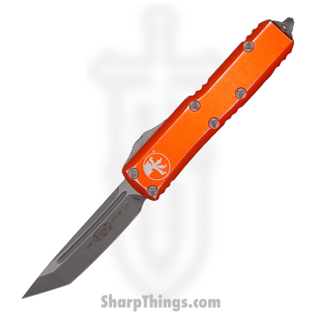 558e3e71-5df6-4211-88d9-ae13df21fe81_233-10DOR_1.jpg Microtech - 233-10DOR - UTX-85 - OTF Auto - Elmax, M390, 204P Stonewash Tanto - 6061-T6 Aluminum - Distressed Orange - Image 1