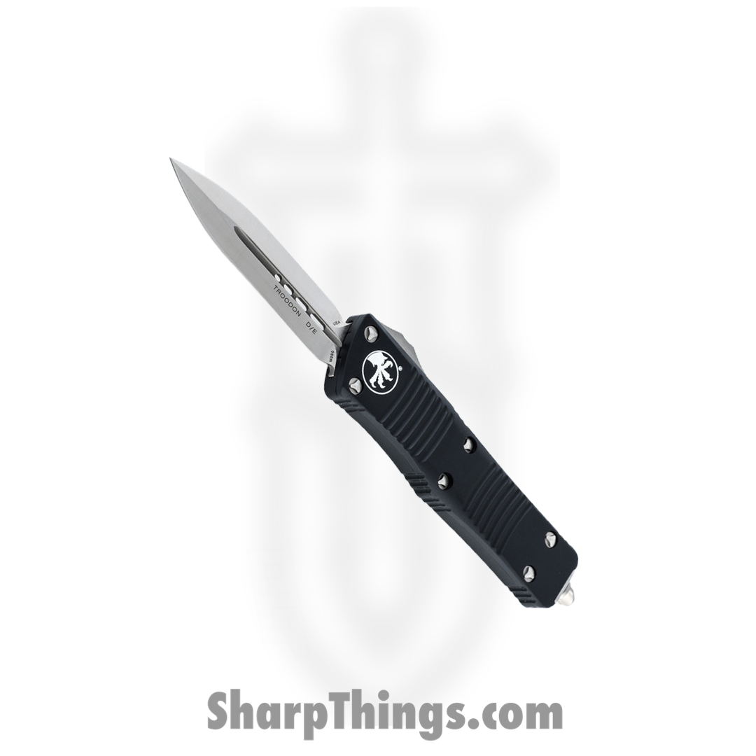 57110528-9d50-493e-b880-a12546b26fb5_138-4_1.png Microtech - 138-4 - Troodon - OTF Auto - Elmax, M390, 204P Satin Dagger - 6061-T6 Aluminum - Black - Image 1
