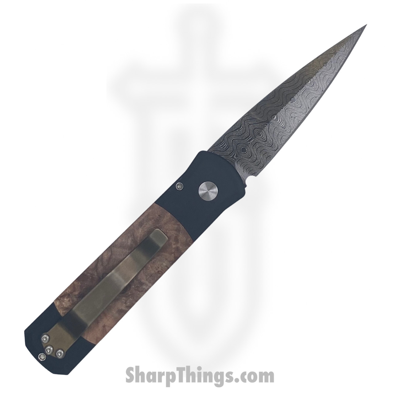 57468916-8956-4479-9f2c-d4ff8b4c66dc_706-DAM-Ladder_1.jpg ProTech - 706-DAM-Ladder - Godson Custom - Automatic Knife - Damascus Damascus Spear Point - Aluminum/Maple Burl - Black/Brown - Image 1
