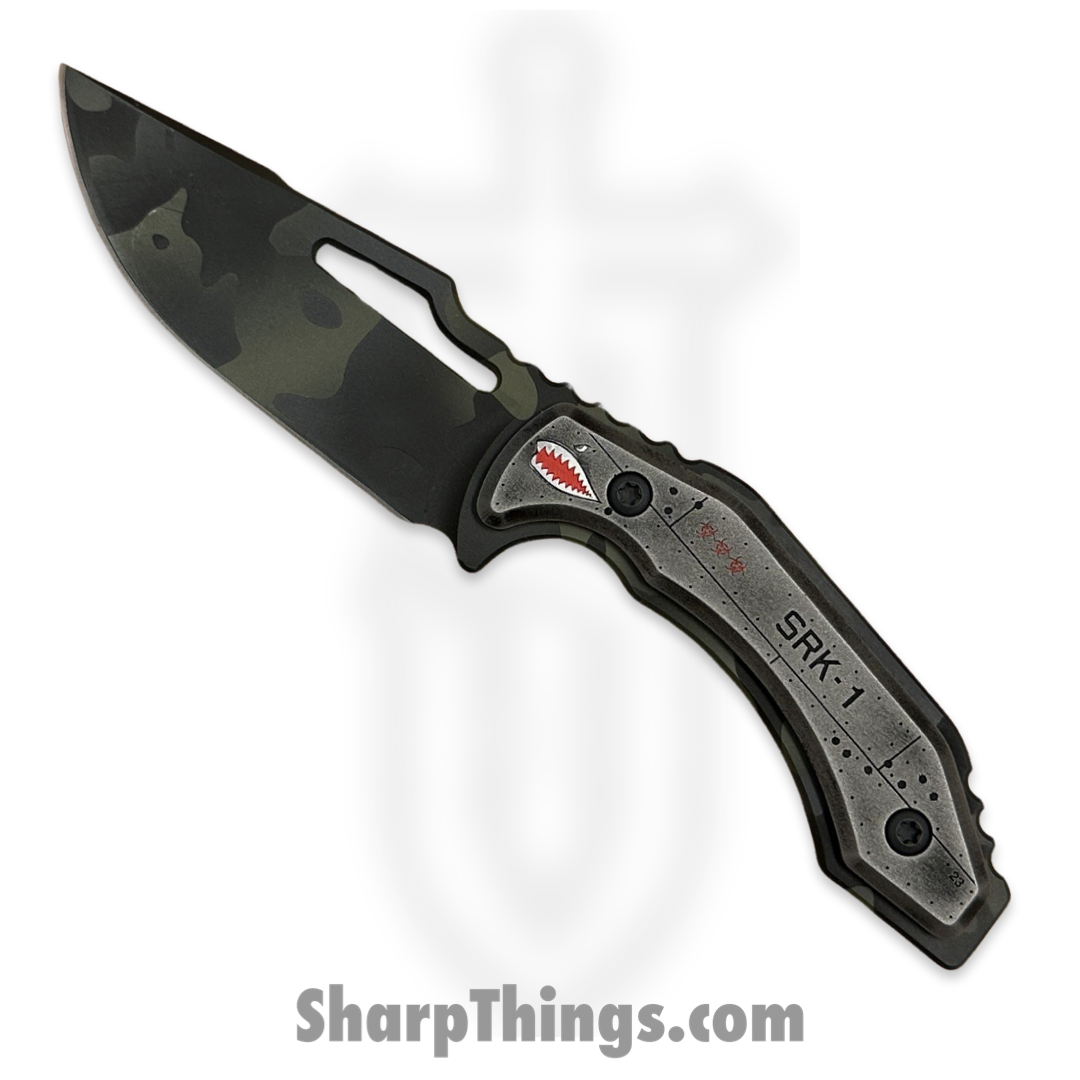 57477afa-5c78-4b86-a70c-c4dfaeb2082b_SRK1-MT-HPSE-AF_1.png SkyRaider Knives - SRK1-MT-HPSE-AF - Mustang SE - Fixed Blade Knife - A2 - Urban Camo Coated - Harpoon - Airframe Scales - Image 1