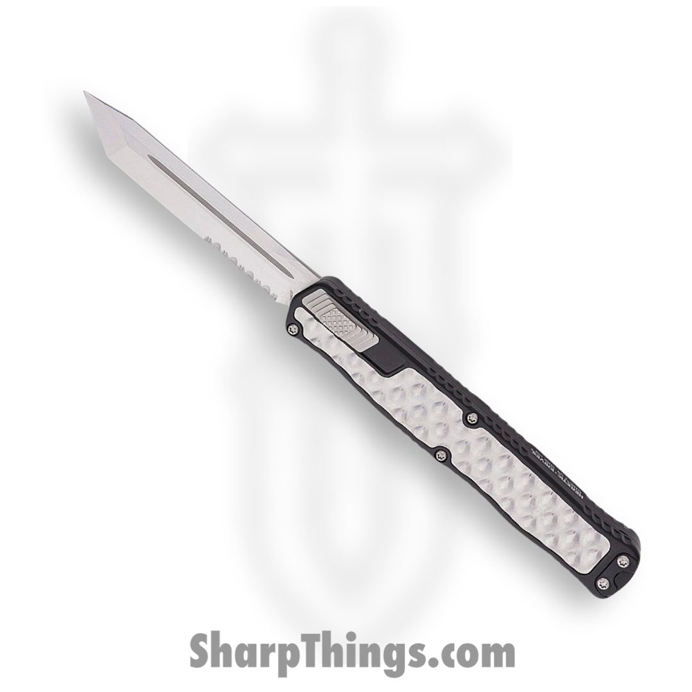 5c2bbb1c-1792-4bd7-ba93-65783911b234_H019-2B_1.jpg Heretic Knives - H019-2B - Cleric II - OTF Automatic - Stonewash Magnacut Tanto Partial Serrated - Stonewash Stainless Bubble inlay - Black - Image 1