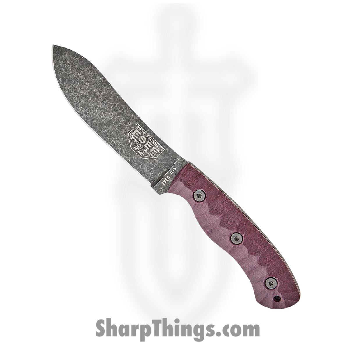 5e3882d7-6621-45be-8fa1-18585826d2f4_ESJG5LM_1.jpg ESEE - ESJG5LM - Camp-Lore JG5 - Fixed Blade Knife - 1095 HC Tumbled Nessmuk - Linen Micarta - Burgundy - Image 1