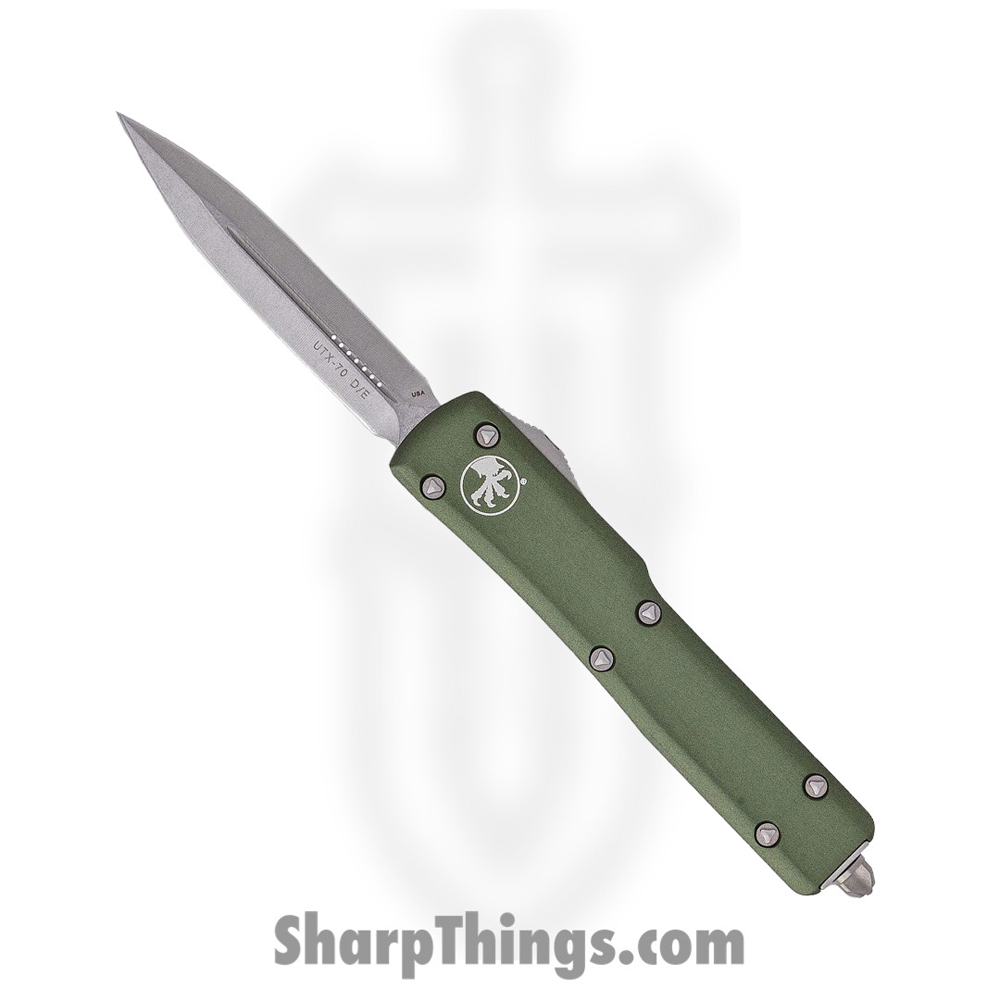 5ed1b20e-ed0b-49dd-8609-13d788594380_147-10OD_1.jpg Microtech - 147-10OD - UTX-70 - OTF Auto - Elmax, M390, 204P Stonewash Dagger - 6061-T6 Aluminum - OD Green - Image 1