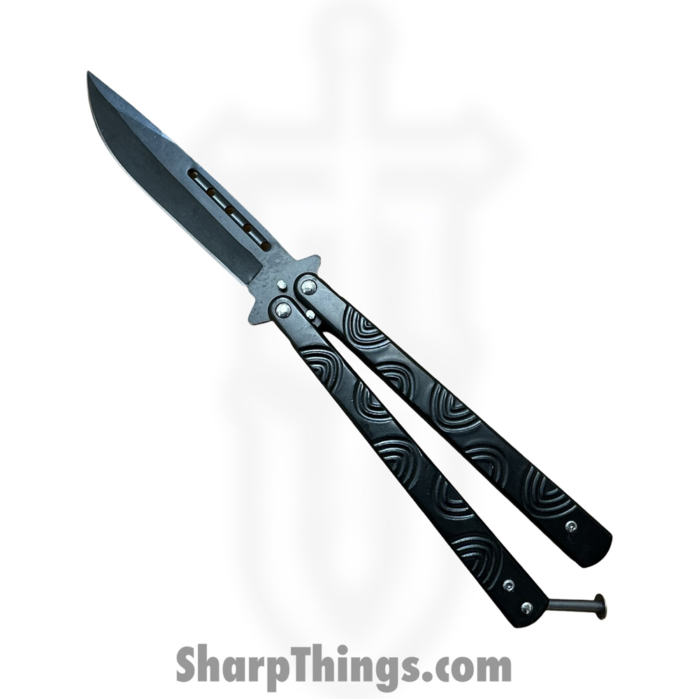5f82f605-66f0-49de-93ac-49e4b9ab6af8_BK181_1.jpg VOC - BK181 - Butterfly Knife - Balisong - 440 SS Coated Drop Point - Circle Design - Black - Image 1