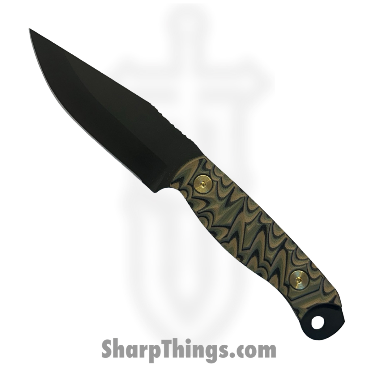 61b3d957-3e95-4d3d-8d65-554d6ca67e7f_HFBCROCMG113_1.jpg Half Face Blades - HFBCROCMG113 - Crow Scalper - Fixed Blade Knife - S45VN Armor Black Cerakote Drop Point - G10 Chaos Grip - Camo - Gold Hardware - Image 1