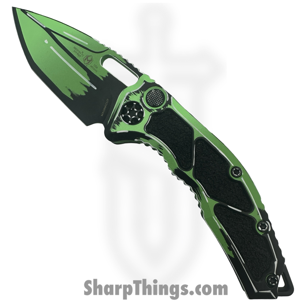61d8d78f-4154-4a83-9f45-57b0a94202f8_H011-CS-TX_1.jpg Heretic Knives - H011-CS-TX - Cel Shaded Medusa - Automatic Knife - CPM MagnaCut Coated Tanto - Aluminum - Green - Image 1