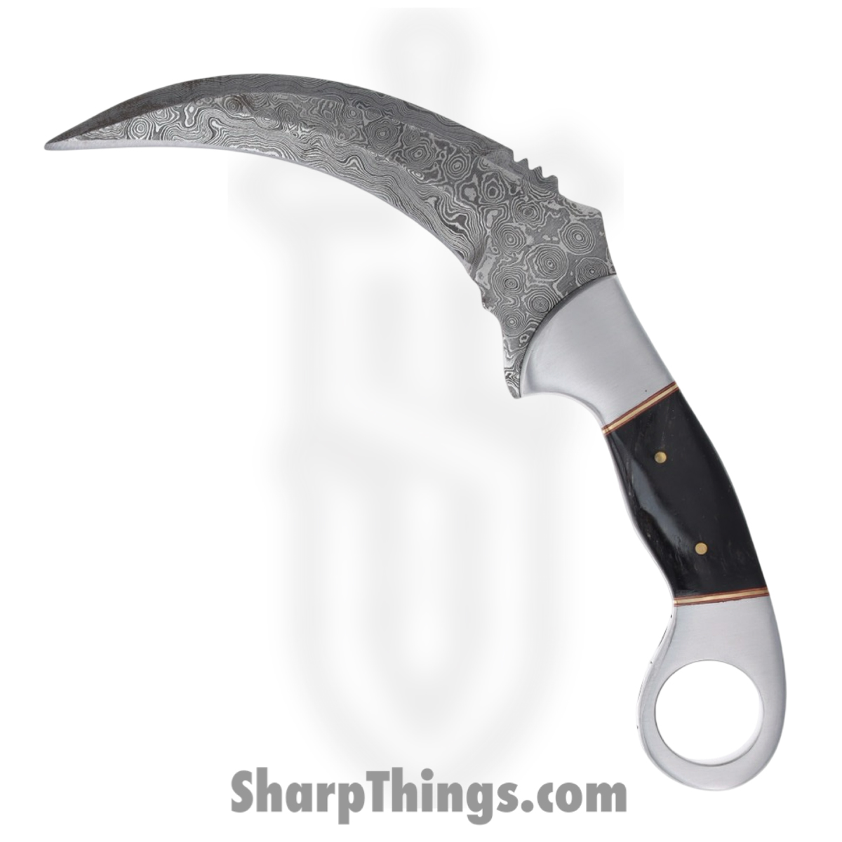 62cadc24-5e6b-4589-b6ee-152bba7e74f3_DM1177_1.jpg Damascus - DM1177 - Horn Karambit - Fixed Blade Knife - Damascus - Horn - Black Gray - Image 1