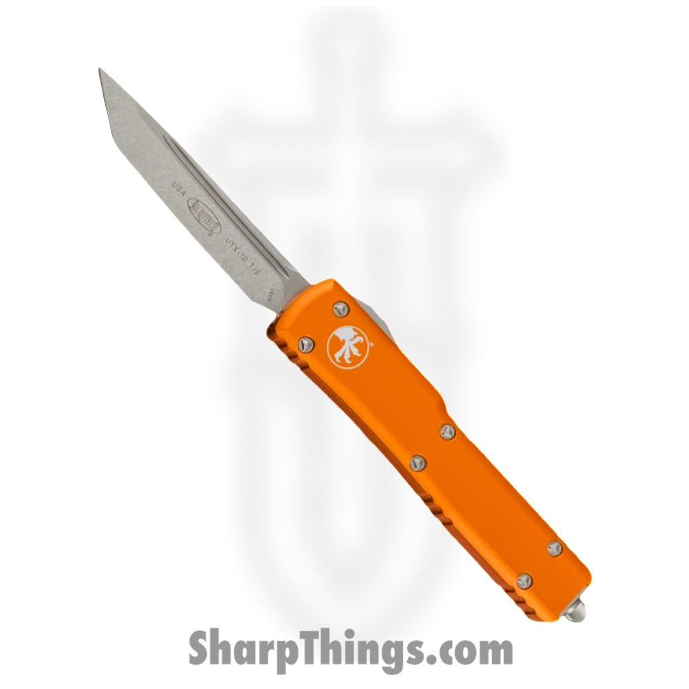 62ea5d8e-9726-4100-8d52-138e176579e7_149-10OR_1.jpg Microtech - 149-10OR - UTX-70 - OTF Auto - Elmax, M390, 204P Stonewash Tanto - 6061-T6 Aluminum - Orange - Image 1