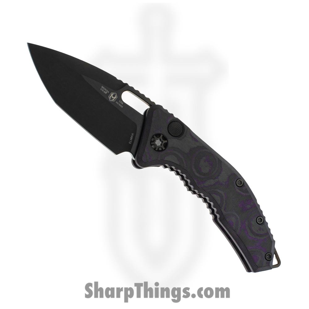 63fe7950-ba27-406b-baf5-ff763faae16c_H011-6A-PUCF_1.jpg Heretic Knives - H011-6A-PUCF - Medusa - Automatic Knife - Elmax Coated Tanto - Carbon Fiber - Purple/Black - Image 1