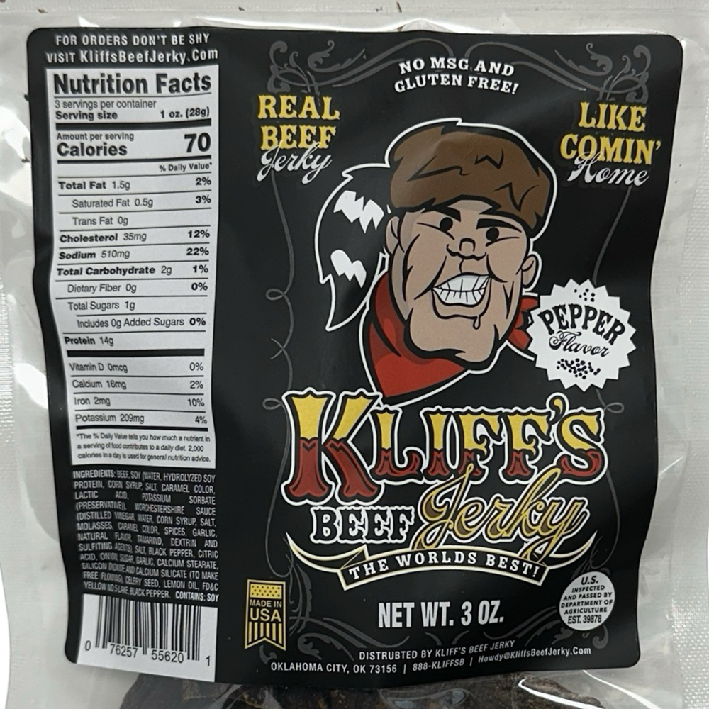 640298de-6475-4a66-bbcd-5181f232bc6c_KBJ-PEPP_1.jpg Kliff's - KBJ-PEPP - Peppered Beef Jerky - 3oz - Image 1