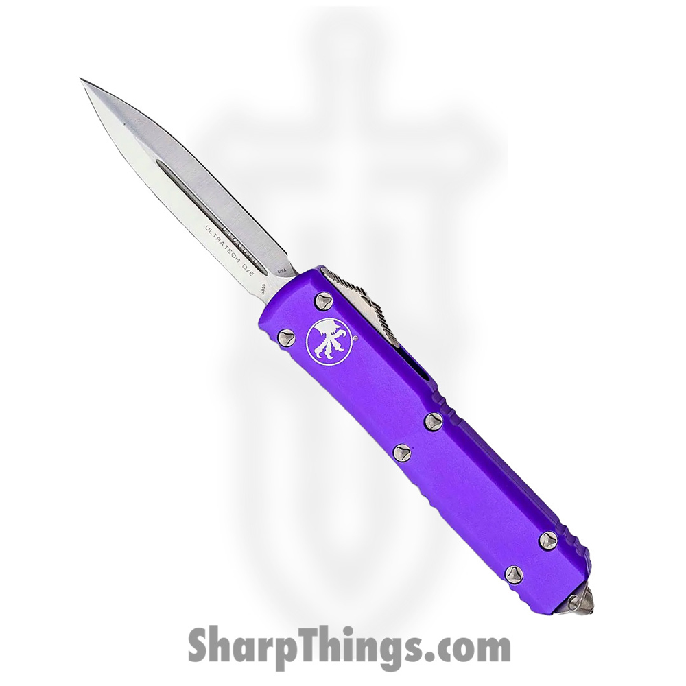 647fec62-3d65-4afb-8466-b00b22a08ccb_122-4PU_1.jpg Microtech - 122-4PU - Ultratech - OTF Auto - Elmax, M390, 204P Satin Dagger - 6061-T6 Aluminum - Purple - Image 1