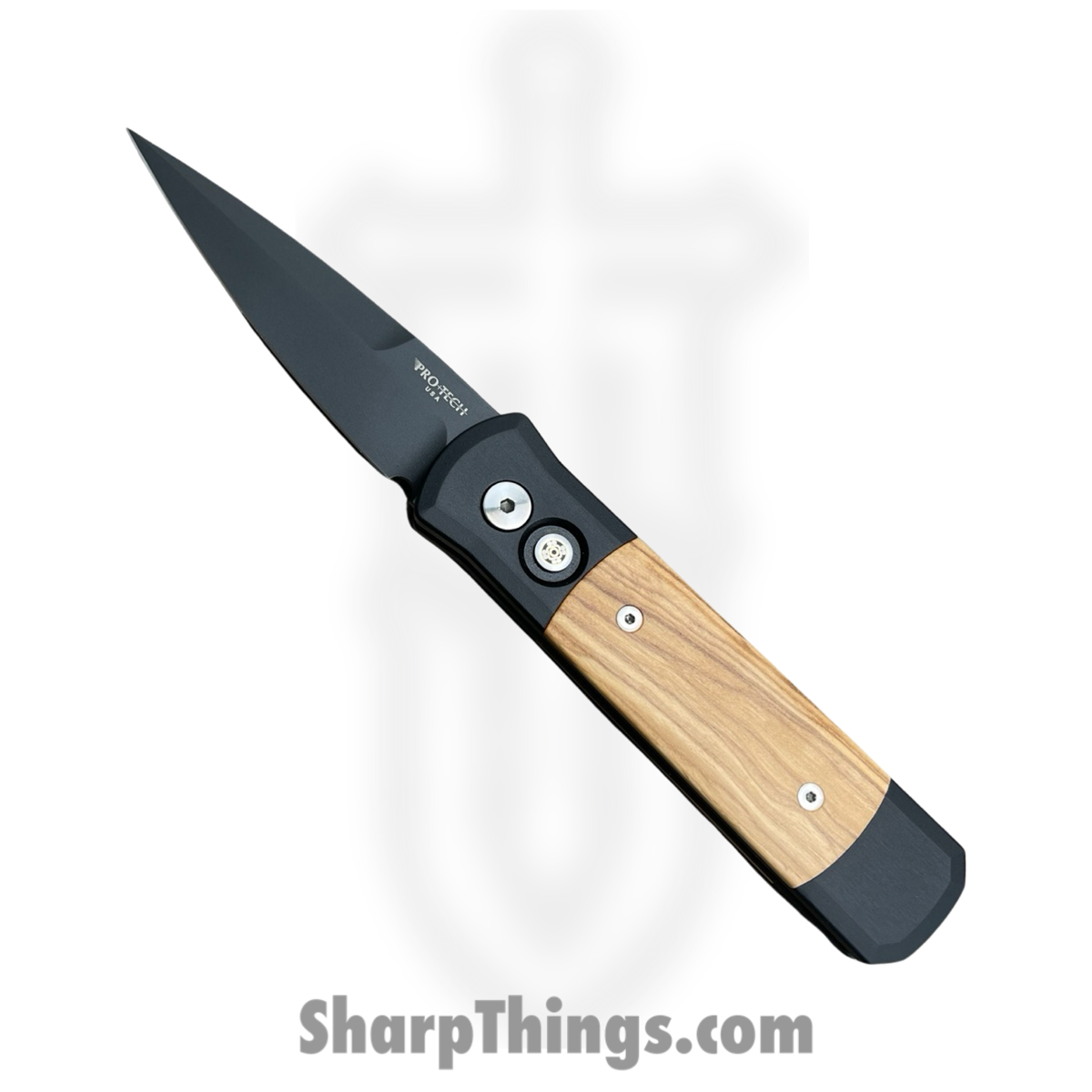 6533c164-016e-4725-989e-6104dba6e3e1_707-Olive_1.jpg ProTech - 707-Olive - Godson - Automatic Knife - 154CM DLC Bayonet - 6061-T6 Aluminum with Olivewood Inlay - Brown|Black - Image 1