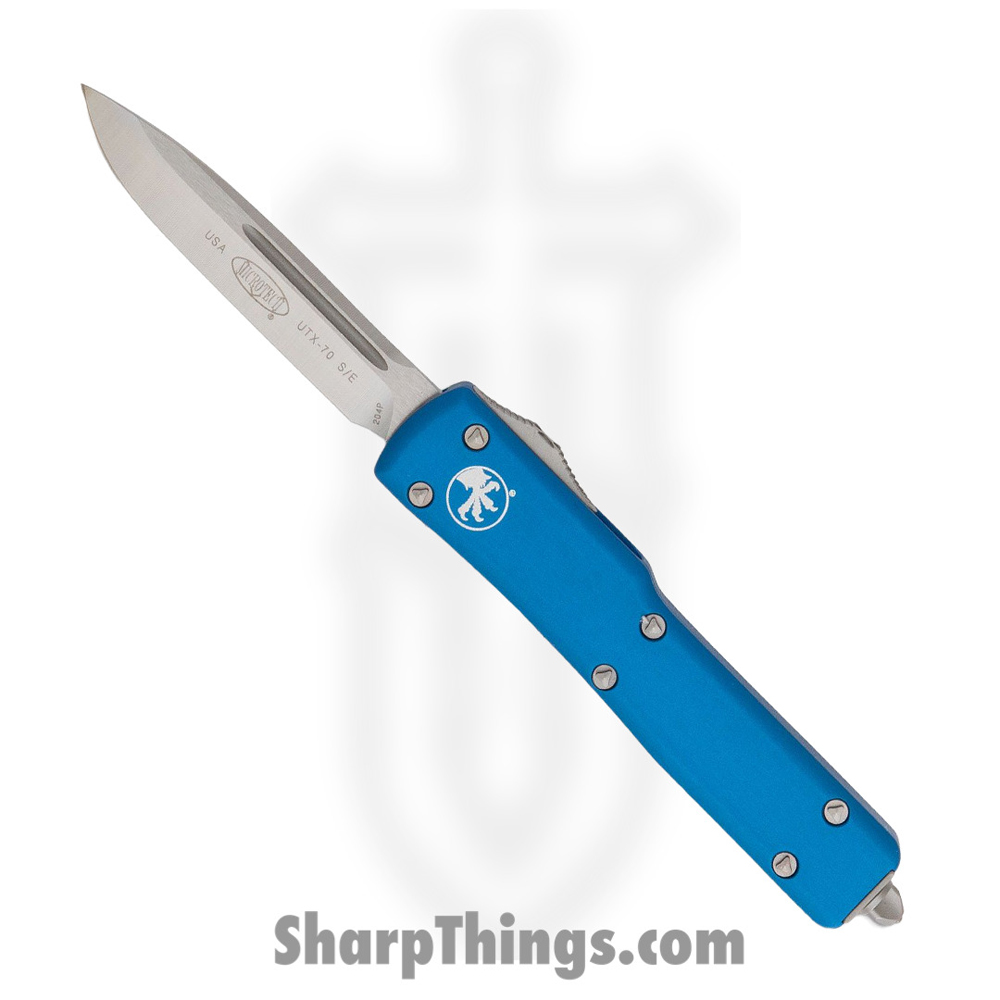 65ad99e8-c58c-4016-ac76-5a1641a6263f_148-4BL_1.jpg Microtech - 148-4BL - UTX-70 - OTF Auto - Elmax, M390, 204P Satin Drop Point - 6061-T6 Aluminum - Blue - Image 1