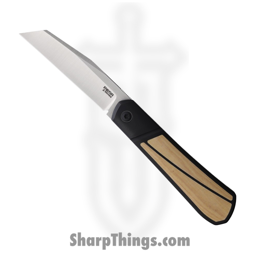 67bfc37a-f23a-47a9-87e6-5d653f3d93c3_PE51_1.jpg Pena Knives - PE51 - XL Raptor Framelock - Folding Knife - M390 Satin Extended Tang - Titanium with Antique Micarta Inlay - Black White - Image 1