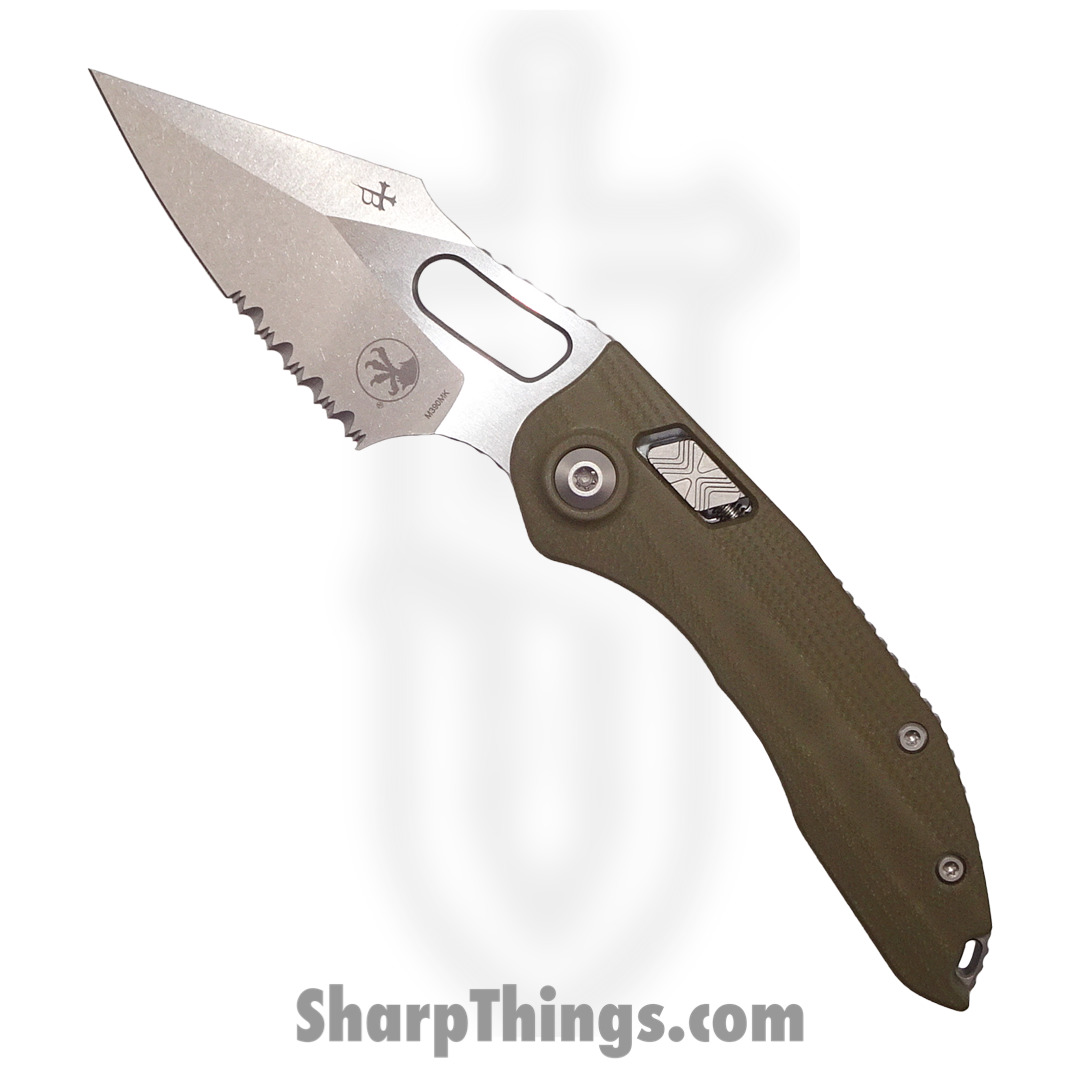 6ac4821f-77a1-480f-8969-a593539d9bee_169RL-11GTOD_1.jpg Microtech - 169RL-11GTOD - Stitch RAM-LOK Spear Point Serrated Knife - M390MK - G10 OD Green - Image 1