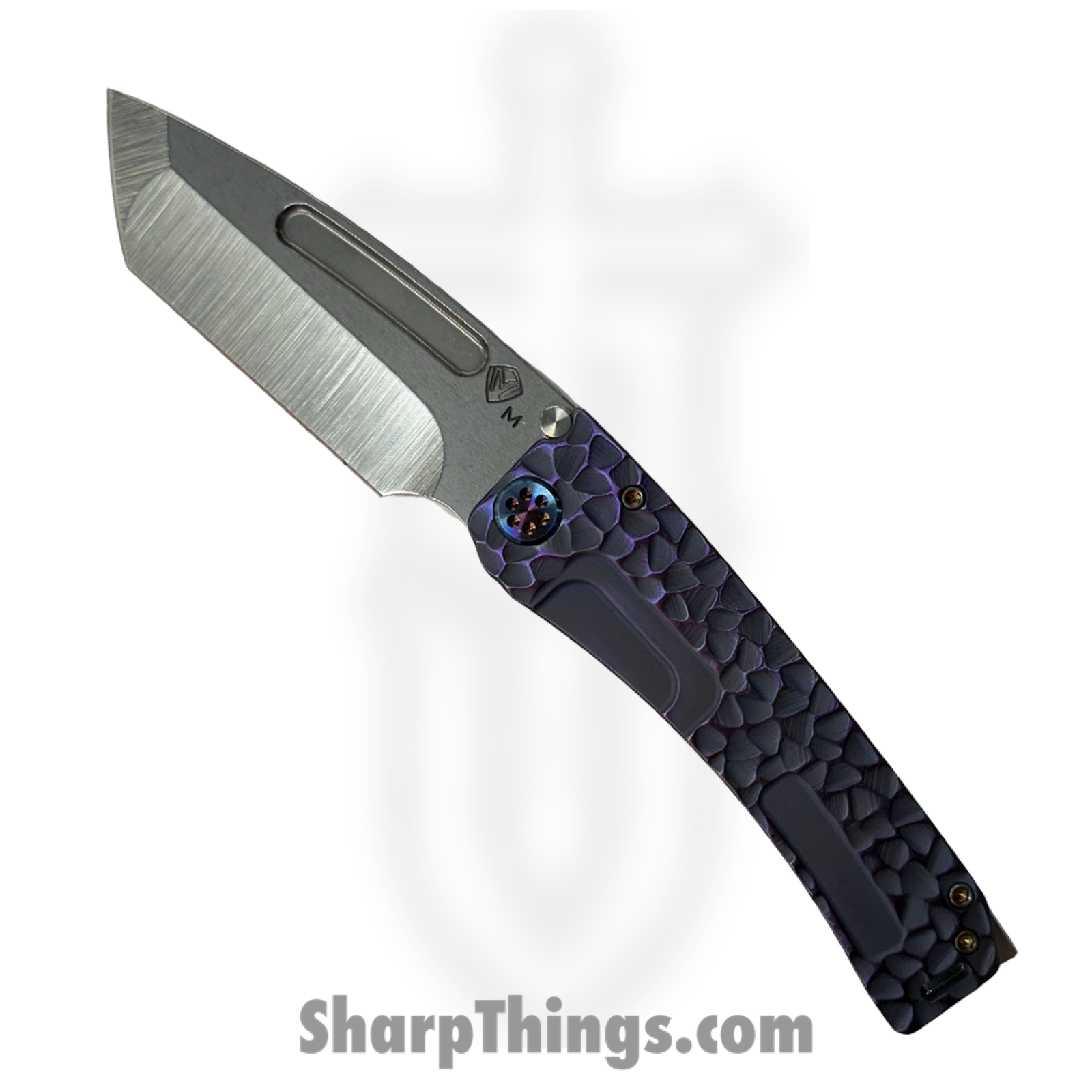 6b8d8024-ce86-4850-b568-1c4ae57927c6_MK045MTT-38A3-TFCF-BN_1.png Medford Knife and Tool - MK045MTT-38A3-TFCF-BN - Marauder-H - Folding Knife - CPM MagnaCut Tumbled Tanto - "Peaks and Valleys" Titanium - Violet - Image 1
