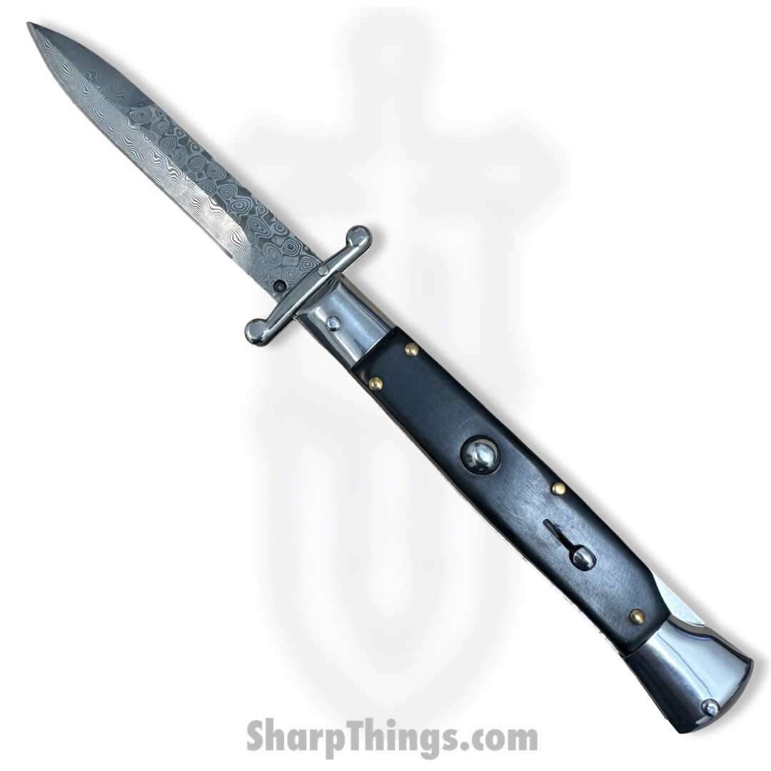 6bc0d087-2399-4ff0-a2ed-624d5cf27294_SBSGPMDBH_12.jpg Steel River Knives - SBSGPMDBH - Premium 9in Stiletto - Swinguard Lockback Auto - 440 Damascus Clip Point - Black Horn - Image 1