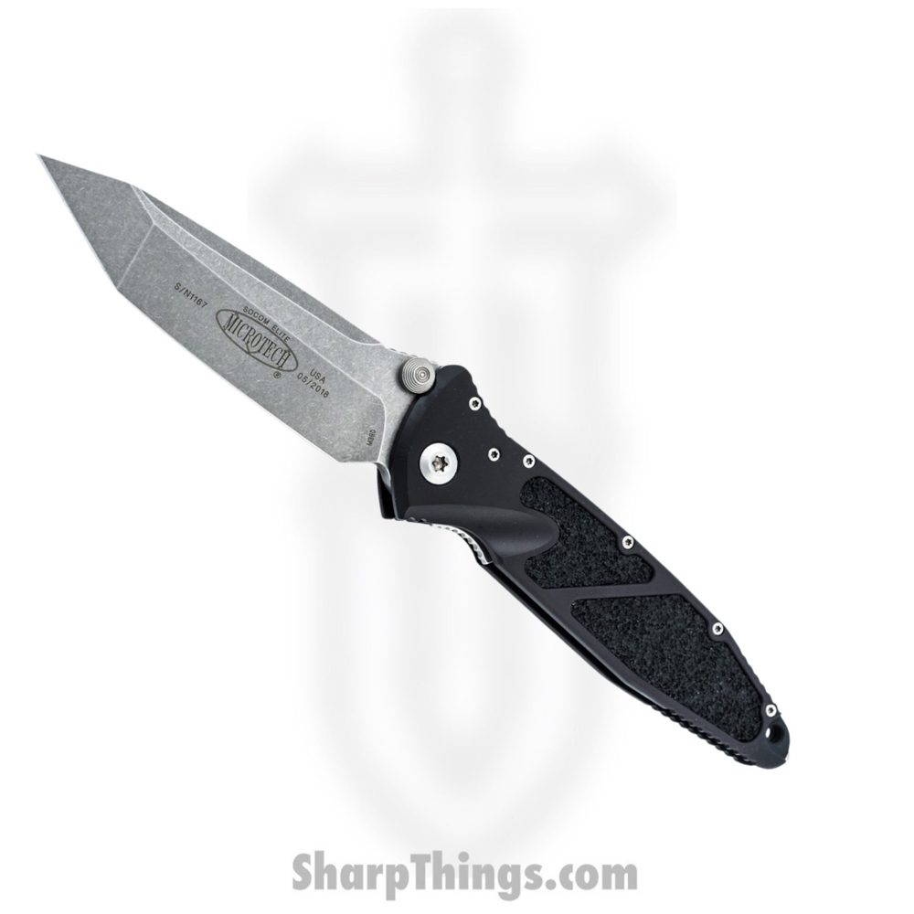 6bd07cde-59a1-4727-8470-f642e5c2b81e_161-10_1.jpg Microtech - 161-10 - Socom Elite - Folding Knife - Stonewash Tanto - Aluminum with Textured Inserts - Black - Image 1