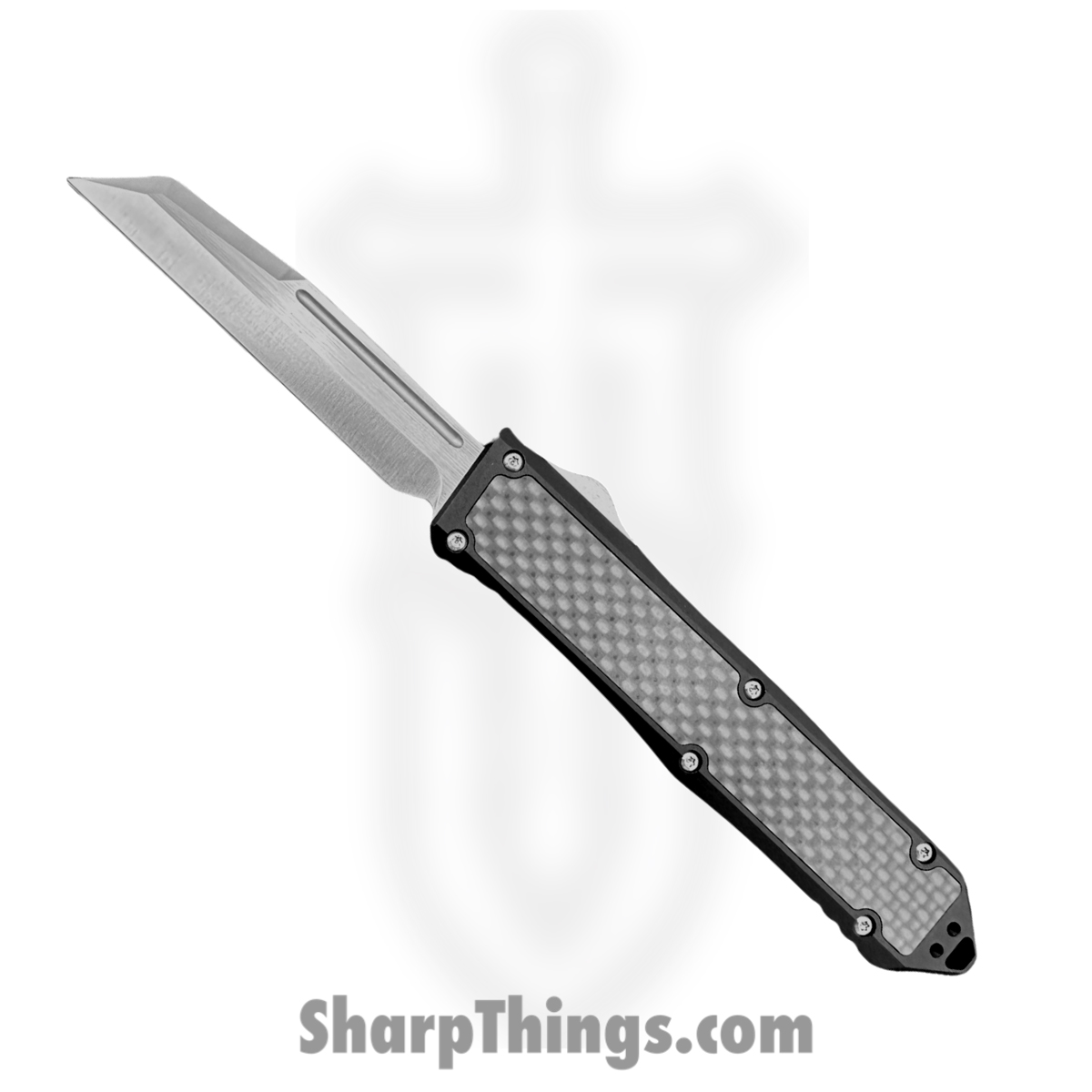 6cf1a2d6-286b-48f1-9ece-62e65d843e76_BarracudaW_1.jpg TakCom - BarracudaW - Barracuda - OTF Auto - Satin Magnacut Wharncliffe - Aluminum handles w CF inlay - Black - Image 1