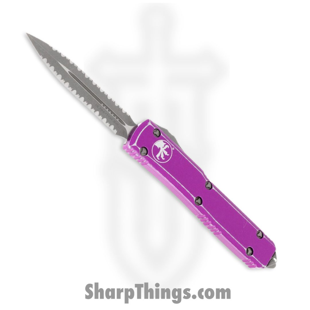 6fbcfa42-c2fe-499b-a2c1-ba4d260275e6_122-D12DVI_1.jpg Microtech - 122-D12DVI - Ultratech - OTF Auto - Apocalyptic Dagger Serrated - 6061 T6 Aluminum - Distressed Violet - Image 1