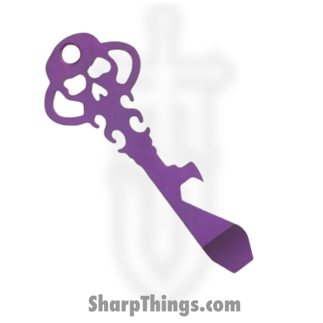 711a36f6-5344-4f26-90b5-01511040727a_KEY_TL_HVPTI_CH_1.jpg Chaves Knives - KEY/TL/HVPTI/CH - Skeleton Key Tool Prybar - Titanium Crosshatch - High Voltage Purple - Image 1