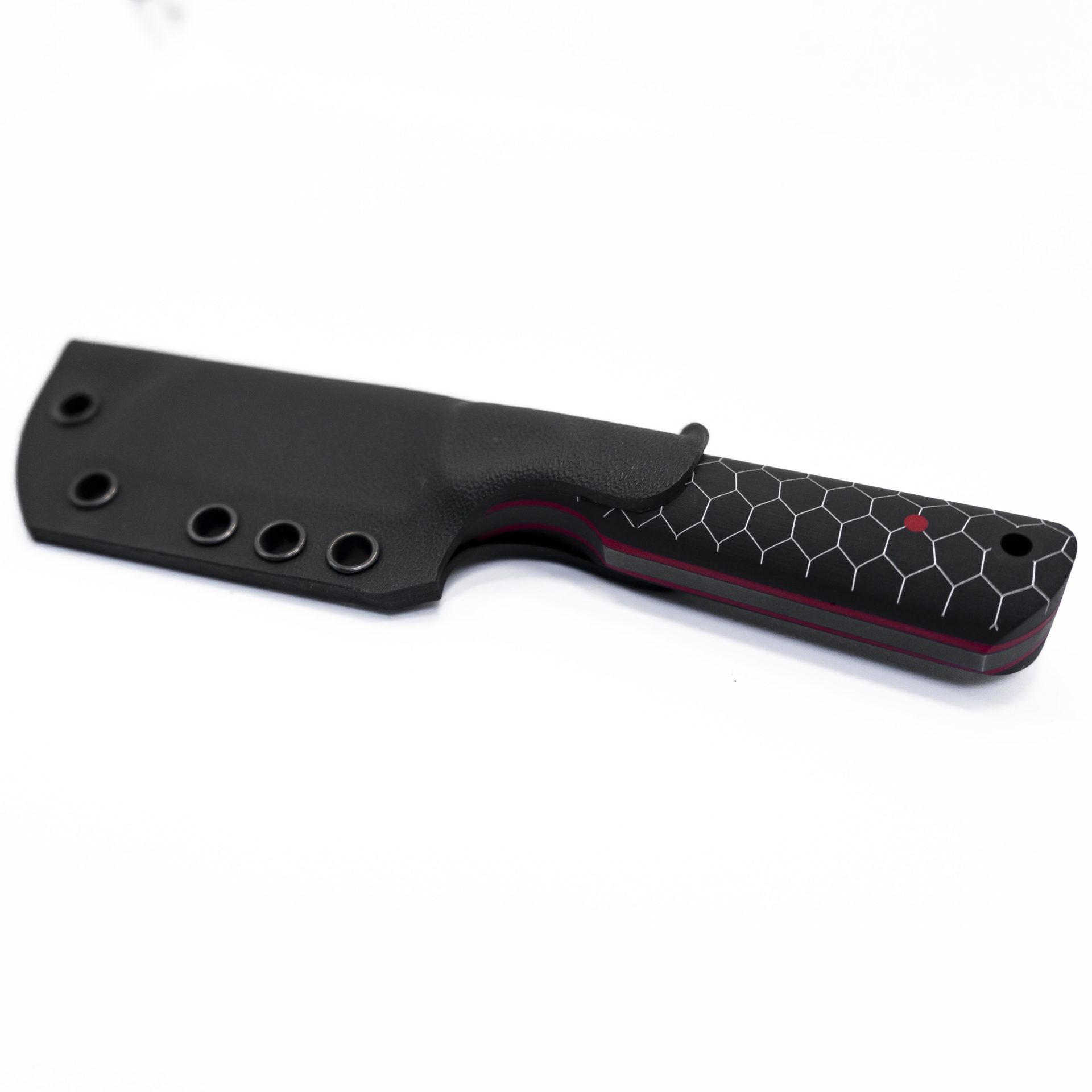 71a451d8-9be6-449c-ace9-bd102099dc4b_JRsEDCCleav_1.jpg JRs Knives - JRsEDCCleav - EDC Cleaver - Fixed Blade Knife - 1095 HC Coated Cleaver - G10/Honeycomb/Red Pins - Black/Red - Image 1