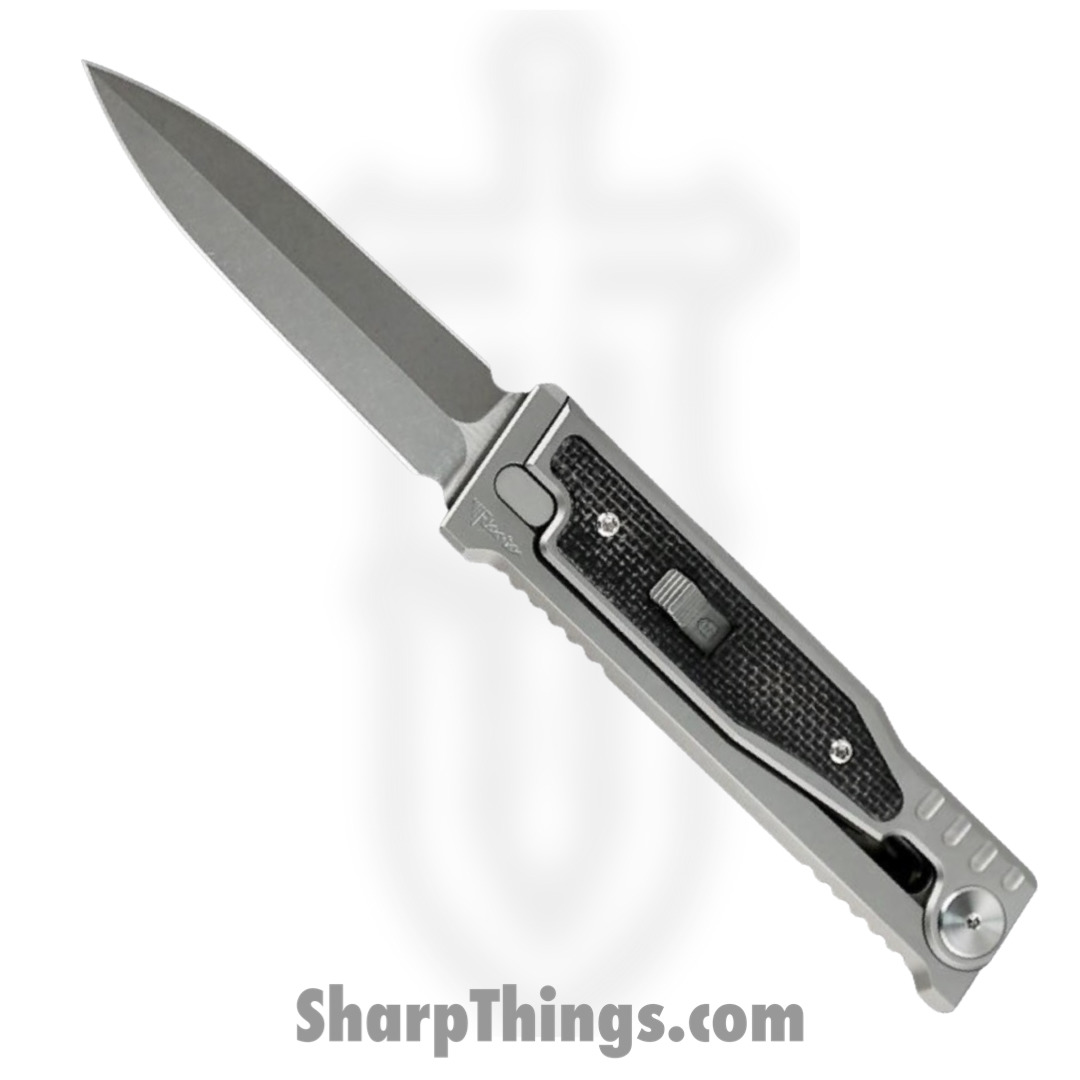 72d67b8d-d7ee-4619-aa43-1fa065728b51_EXOM-DEMIBK_1.jpg Reate Knives - EXOM-DEMIBK - EXO-M - OTF Gravity Knife - Satin CPM3V Dual Edge - Titanium w Micarta - Black - Image 1