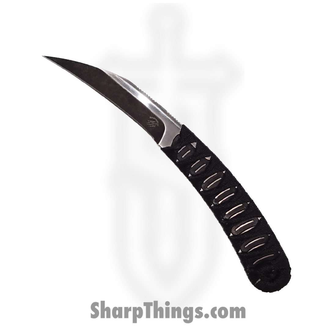 72e9cc65-5f53-440a-9d06-52612b90f1cb_OlFeathSatBk_1.jpg Bastinelli Creations - OlFeathSatBk - Old Feather - Fixed Blade Knife - D2 Blackwash and Satin Hawksbill - Nylon Tsuka Wrap - Black - Image 1