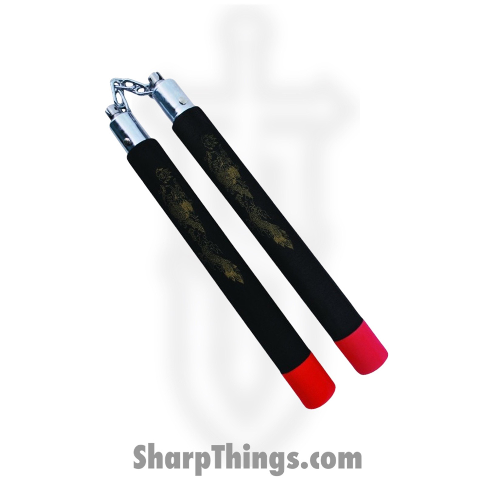 75395a33-15a3-49da-a4c8-605aa30aed25_NC2322-BK_1.jpg VOC - NC2322-BK - Gold Dragon Nunchaku - Foam Metal - Black Red - Image 1