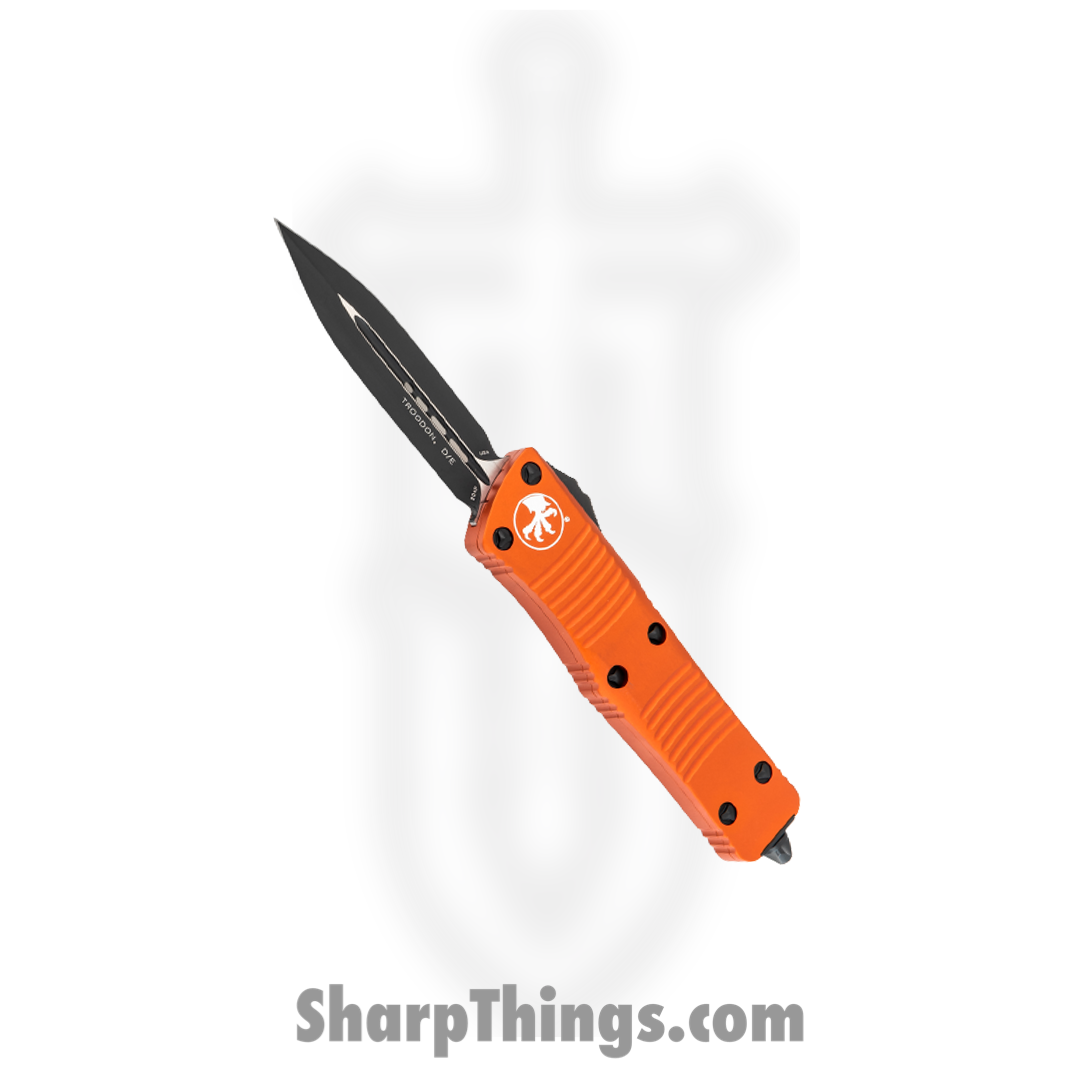 785f2b3d-b7a3-4860-a059-a46d183f9ab5_138-1OR_1.png Microtech - 138-1OR - Troodon - OTF Auto - Elmax, M390, 204P Coated Dagger - 6061-T6 Aluminum - Orange - Image 1