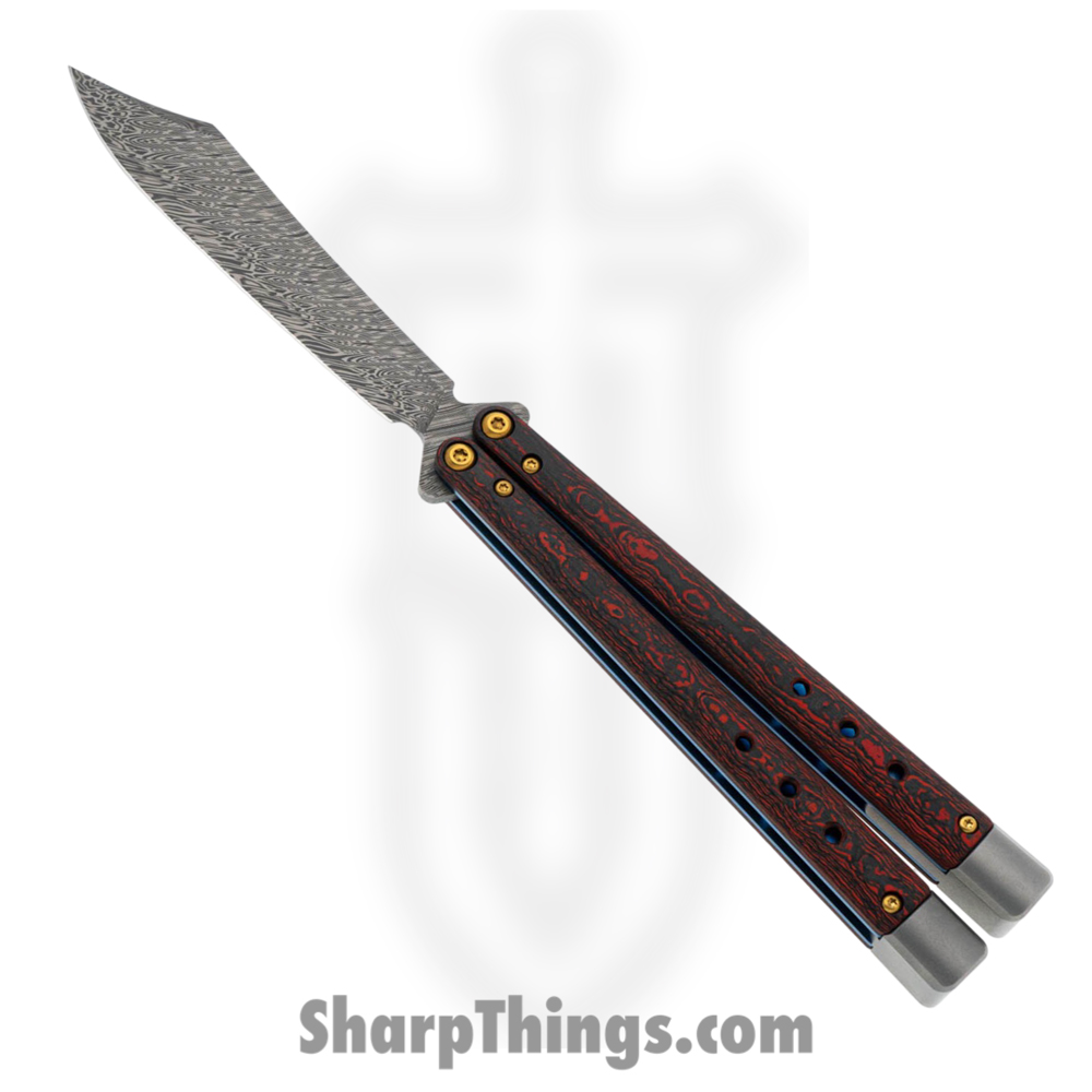 7886a25c-8bae-4a84-8ef4-2fe84420c527_99-241_1.jpg Benchmade - 99-241 - Necron Gold Class - Balisong - Weehawk Damasteel Scimitar - FatCarbon - Lava Flow Red - Image 1