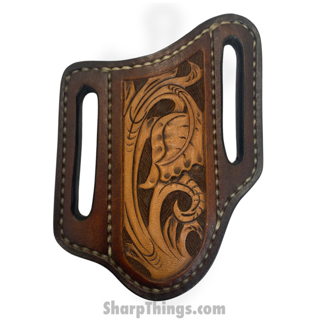 7afe9621-675e-4020-a3c6-ce685cde8a17_SmBltHlstrO_1.jpg Cave Blades - SmBltHlstrO - Small Full Grain Leather Hip Knife Holster - Ornate - Image 1