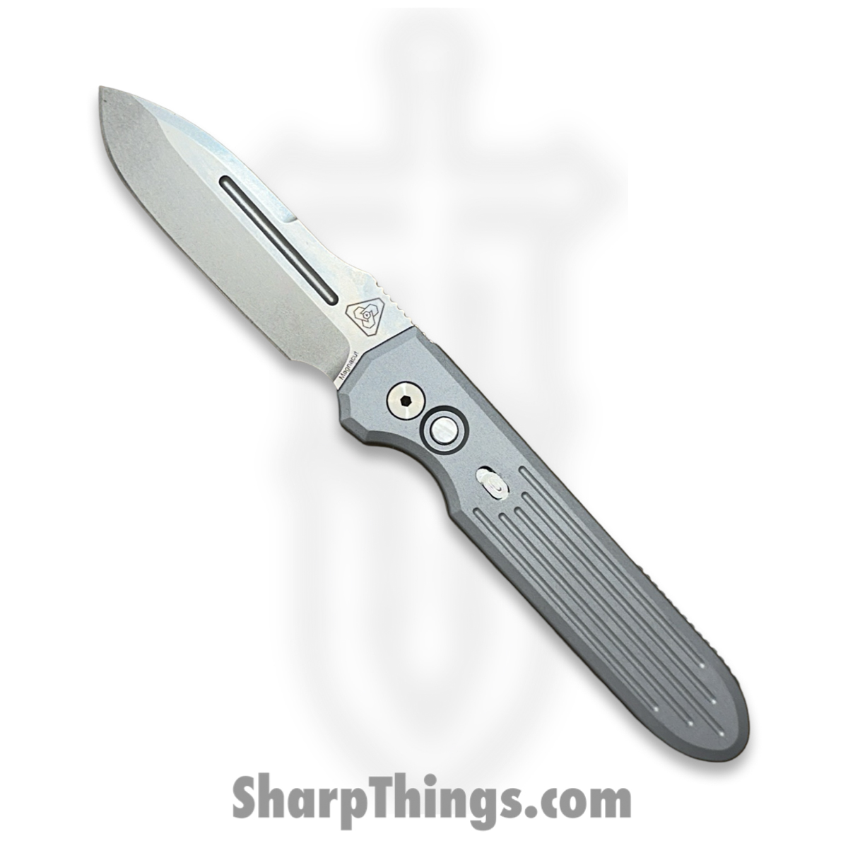 7bcd8b3c-2e63-4c0d-9b20-57a91e91e991_PT1804_1.jpg ProTech - BSATPDWAI - Prometheus Design Werx Invictus - Automatic Knife - Stonewash Magnacut Spear Point - Alu Scales MOP Button Safety - Gray - Image 1