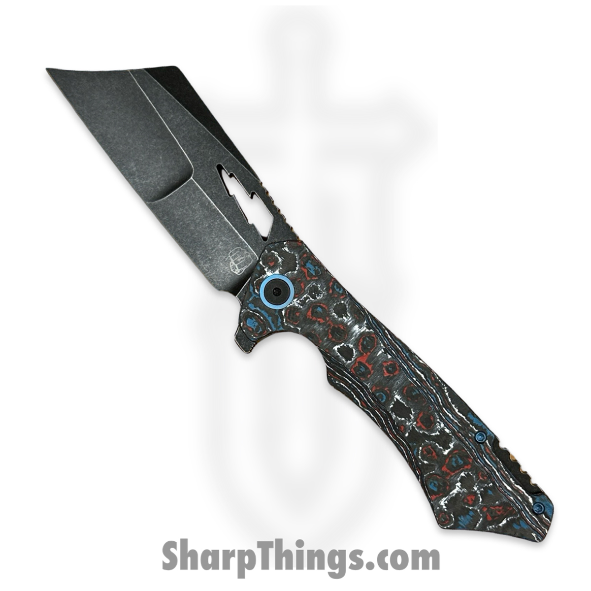 7c77de97-c690-4d1b-b839-d1e40e25c632_NVNem-Neb-SW_1.jpg Something Obscene Co. - NVNem-Neb-SW - New Version Nemley - CPM 20CV Coated Cleaver - Fat Carbon Titanium - Red White Blue - Image 1