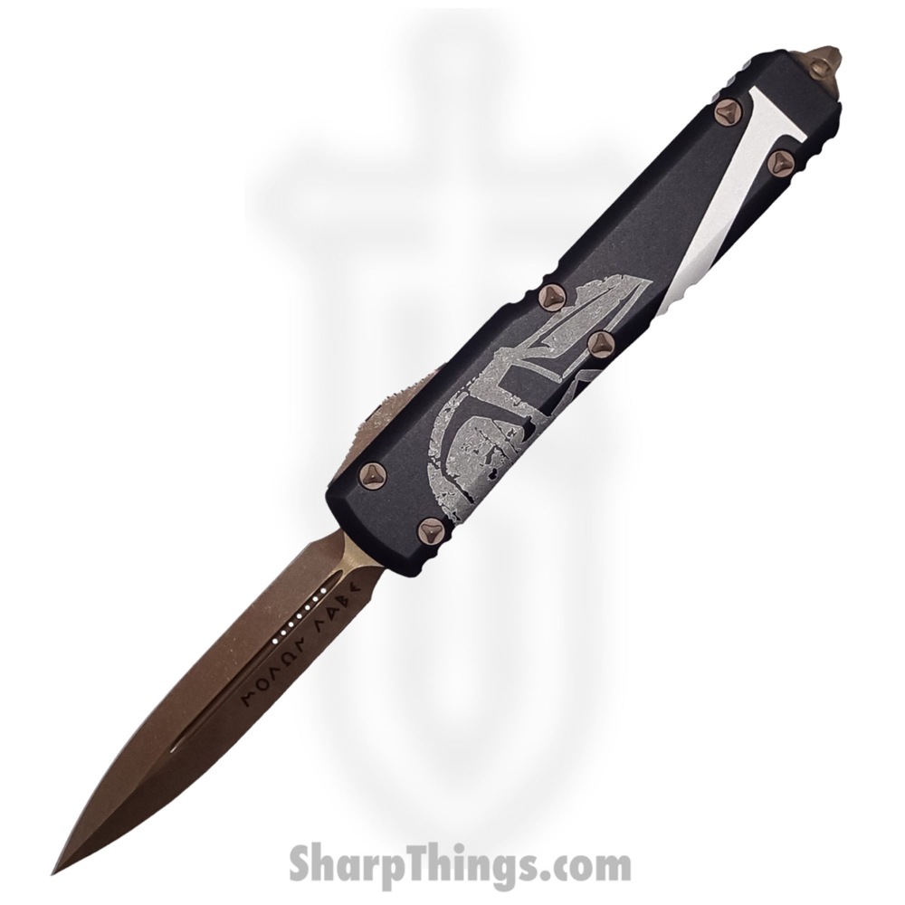 7cfa1332-5802-4f14-9cea-e673cbb038fa_122-13MLS_1.jpg Microtech - 122-13MLS - Ultratech Signature Series Molon Labe - OTF Auto - Elmax, M390, 204P Bronze Apocalyptic Dagger - 6061-T6 Aluminum - Black/White - Image 1