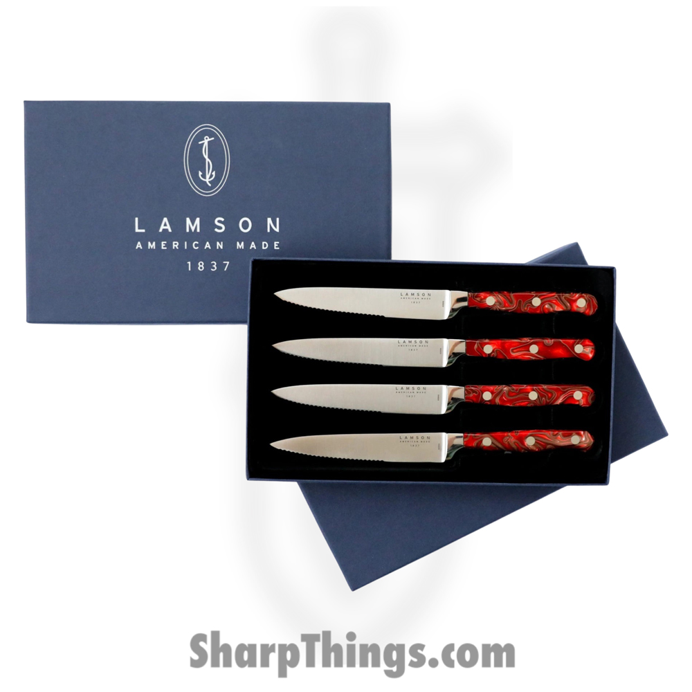 7d162242-270c-4b47-a6a2-378a184f84ad_59968_1.jpg Lamson - 59968 - 4-Piece 5″ Premier Forged Serrated Steak Knife Set - 4116 Polished - Acrylic - Fire - Image 1