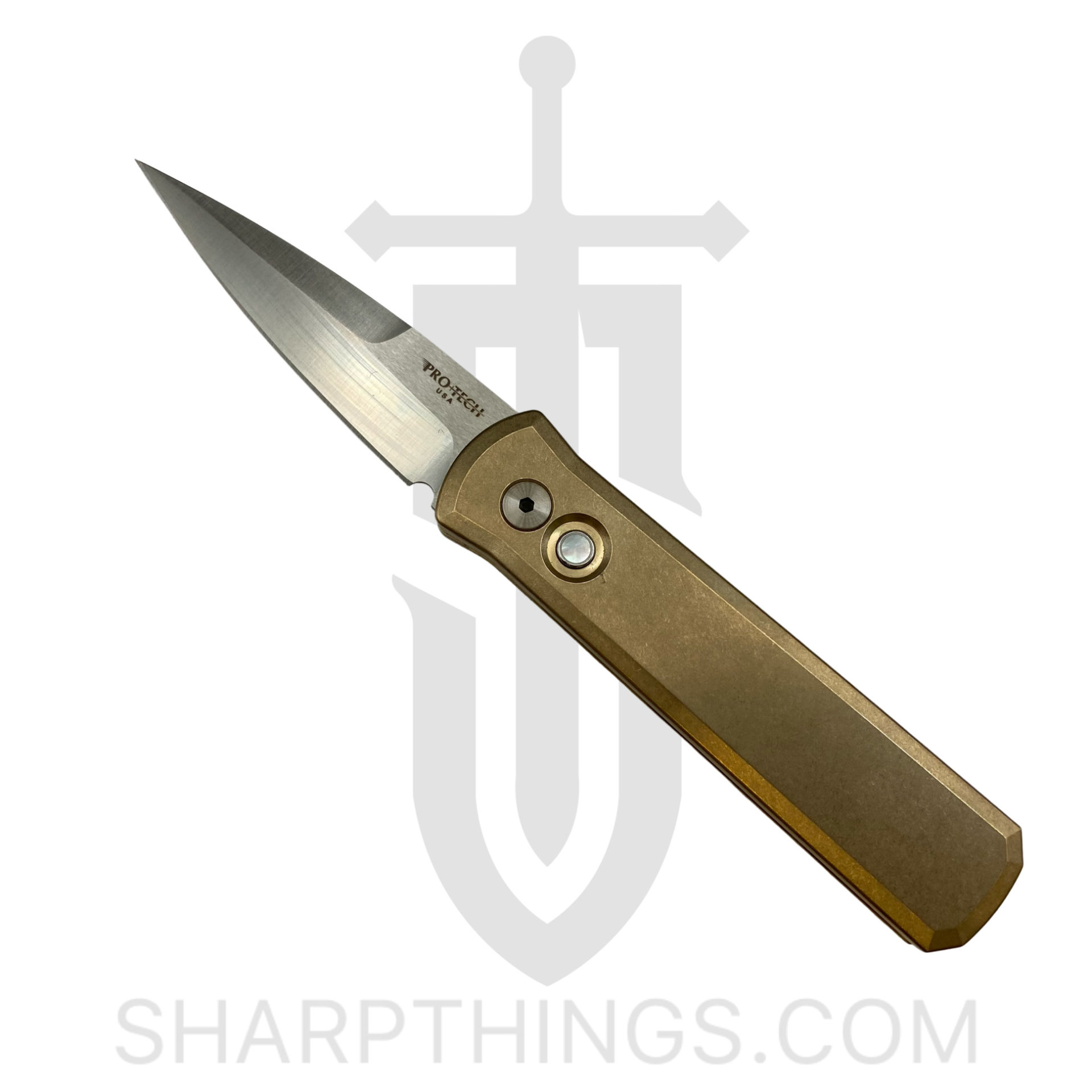 7df816f1-2fe8-414e-bfa5-8e4a2742329c_7110_1.jpg ProTech - 7110 - Godson Limited - Automatic Knife - 154CM Satin - Bronze AL - MOP Button - Image 1